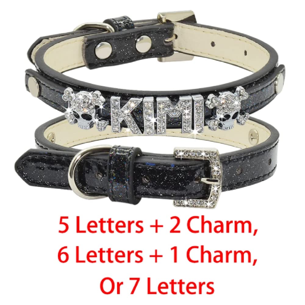 Custom Rhinestone Name Dog Collar with Diamond Charms - Adjustable Leather Pet Collar for Small Medium Large Dogs (X-Small, Black) - Perfect for Puppy Training, Daily Walks & Special Occasions