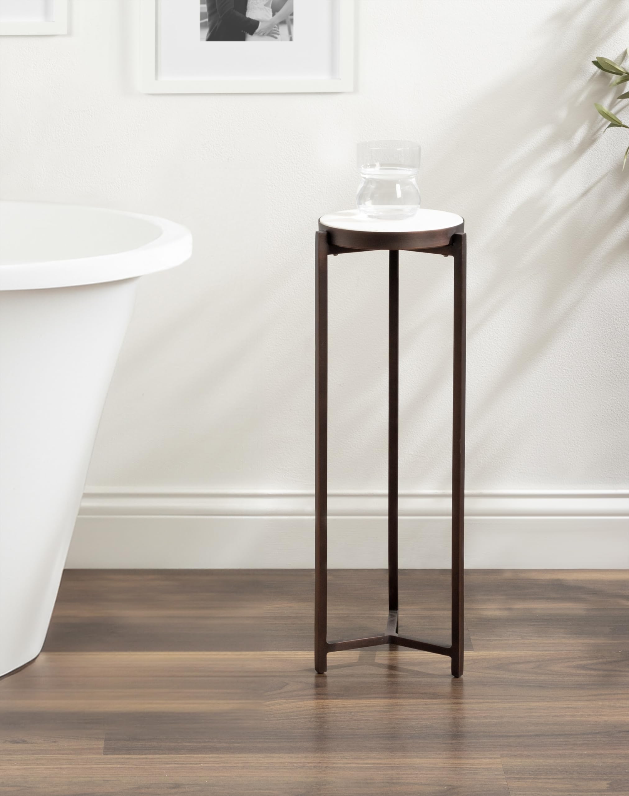 Kate and Laurel Aguilar Modern Round Side Table - 9 x 9 x 23 Inches, White & Bronze Finish with Genuine Marble Top - Perfect as Drink Table, Plant Stand or Nightstand for Small Spaces, Living Room, Bedroom & Balcony Decor