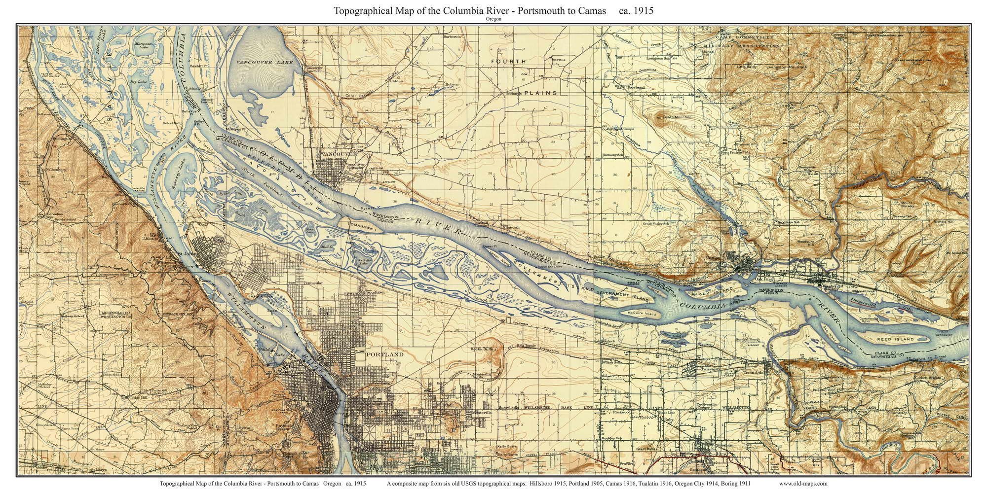 Vintage 1914 Columbia River Portsmouth to Camas Topographic Map - USGS Custom Reprint - Oregon Historical Map for Home Decor, Office Wall Art & Geography Enthusiasts