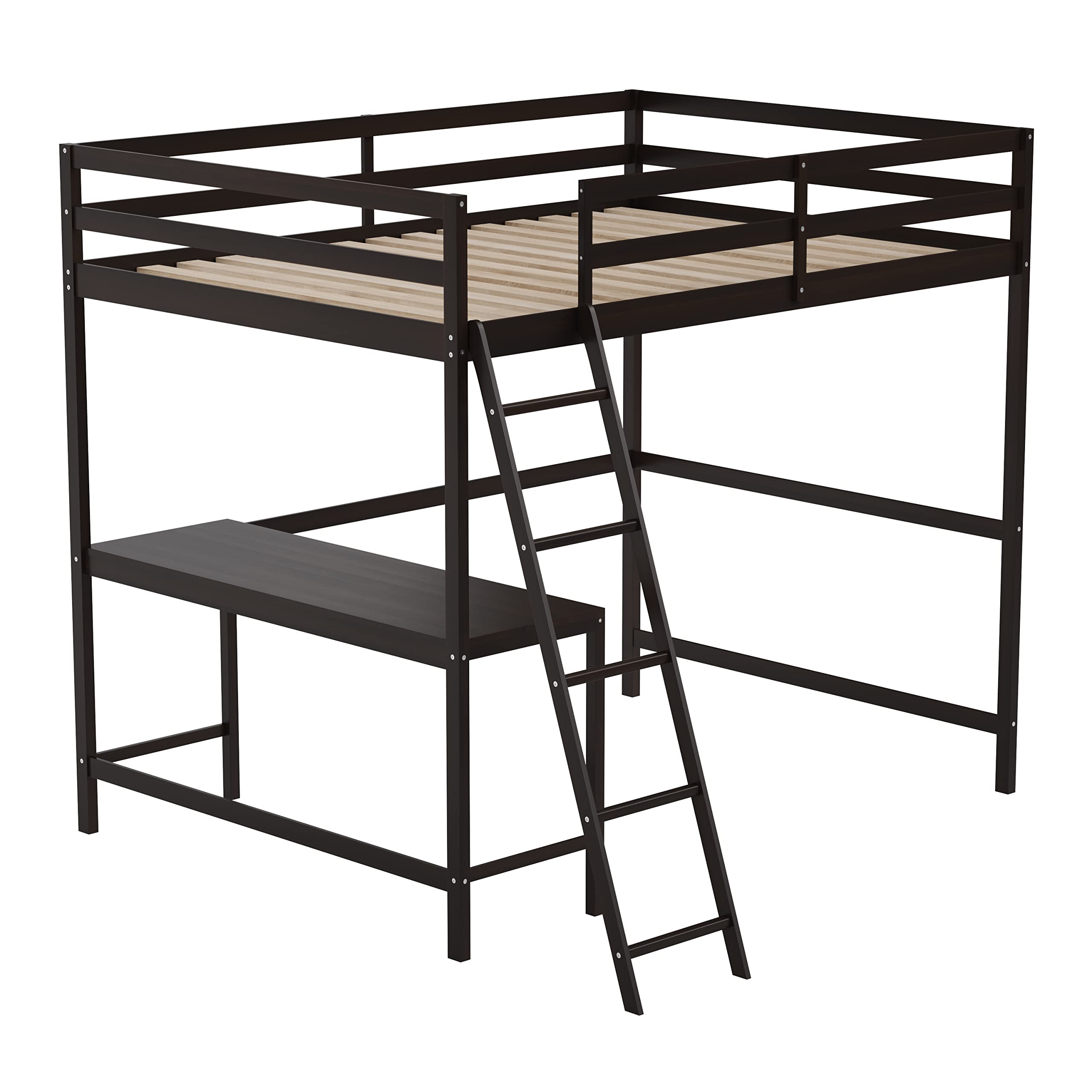 Full Size Loft Bed Frame with Built-in Desk & Ladder - Espresso Wood Slats with Protective Guard Rails - Space Saving Kids & Teens Bed - Perfect for Small Bedrooms, Dorms, and Studio Apartments