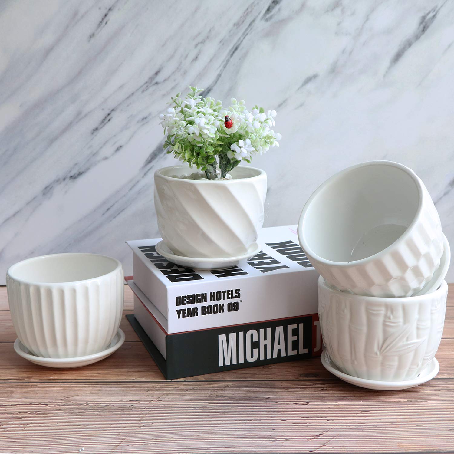 Brajttt 4 Inch White Ceramic Flower Pots with Saucers - 6 Pack Mini Cylinder Planters for Succulents, Snake Plants & Small Herbs - Perfect for Home Decor, Office Desk & Indoor Gardening
