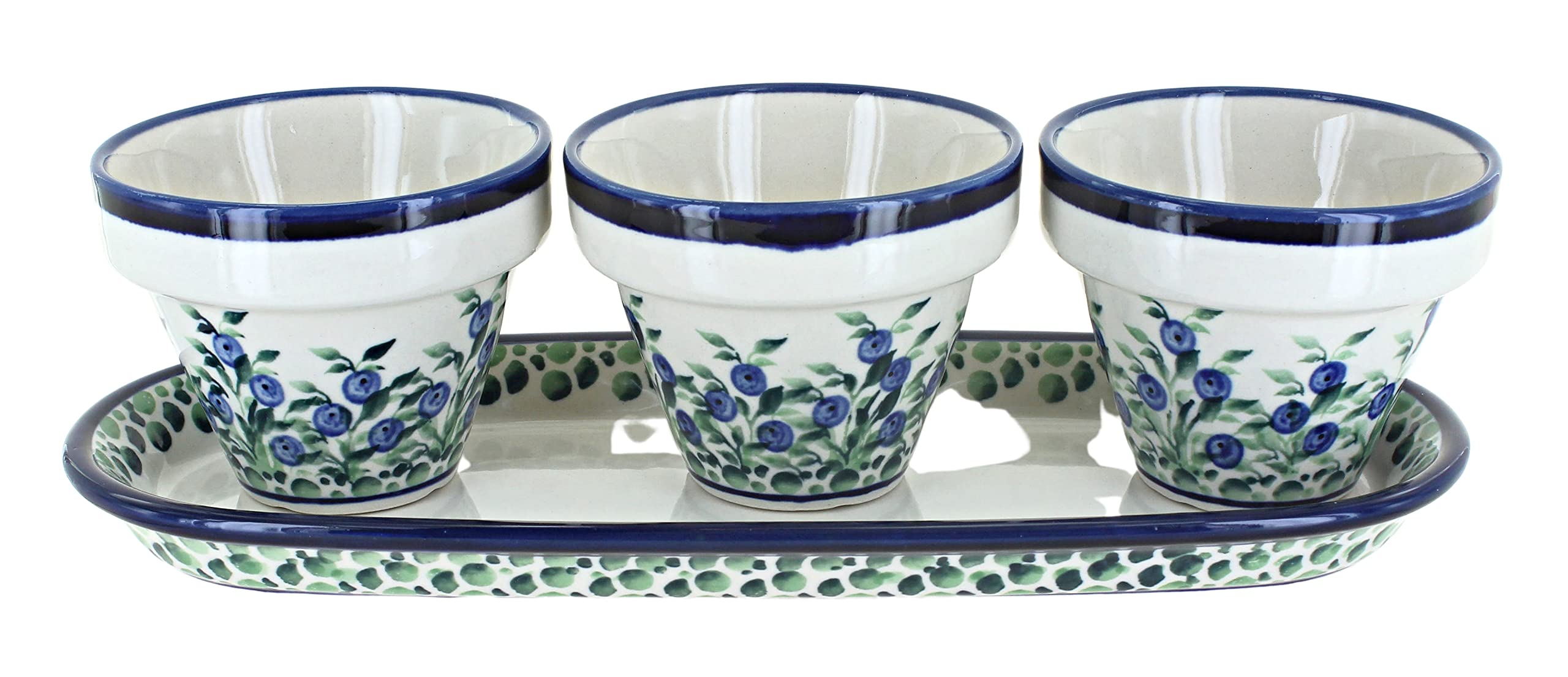 Blue Rose Polish Pottery Porcelain Flower Pots with Drainage Tray - Elegant Indoor/Outdoor Planters for Home Decor, Garden, and Balcony