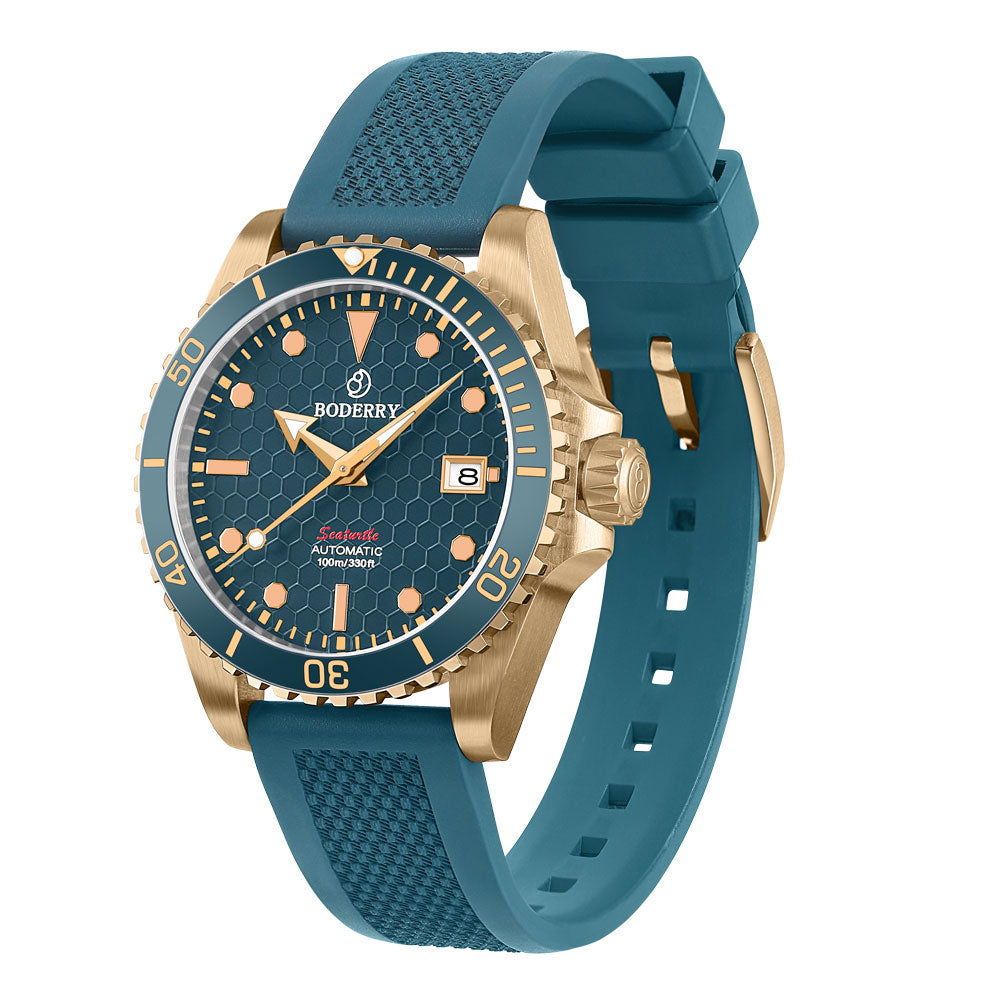 Automatic Bronze Diver Watch - Seaturtle Ocean Collection | Waterproof Luxury Men's Watch with Sea Blue Dial & FKM Rubber Strap | Perfect for Scuba Diving, Swimming & Everyday Wear