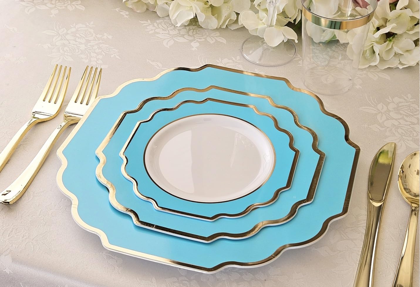 120 Heavyweight Disposable Plastic Plates 10.5 Inch - Elegant Imperial Aqua & Gold for Wedding, Party, Banquet & Special Events | Durable Dinner Plates for Catering, BBQ, Picnic & Family Gatherings