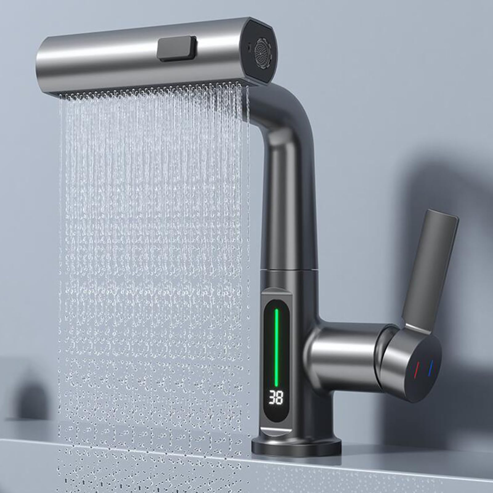 Brass Pull-Out Spray Bathroom Sink Faucet - Grey Mixer Tap with Hot & Cold Water Control - Perfect for Modern Bathrooms & Powder Rooms