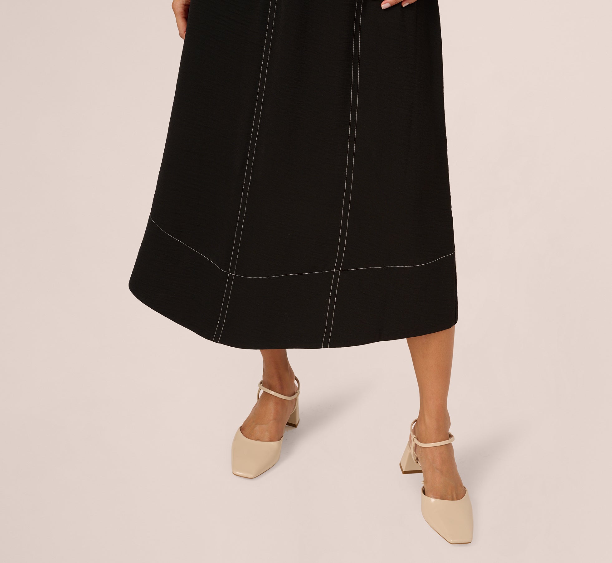 Black & Ivory Contrast Stitching A-Line Midi Skirt for Women - Elegant Office Wear & Casual Outfit