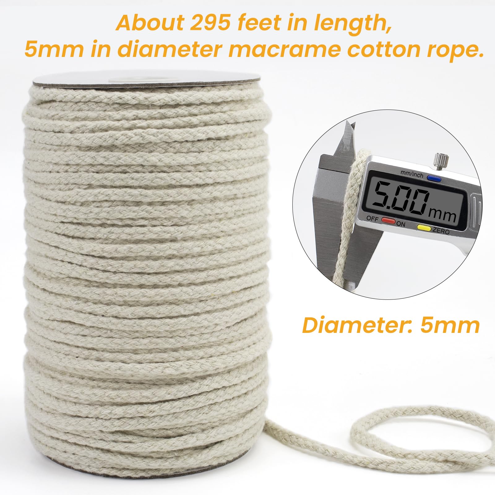 **JeogYong 5mm x 295ft Natural Cotton Braided Macrame Cord - 8-Strand DIY Rope for Plant Hangers, Wall Decor, Dream Catchers, Garden Projects & Home Crafts | Perfect for Boho, Home Decor, and Handmade Gifts**