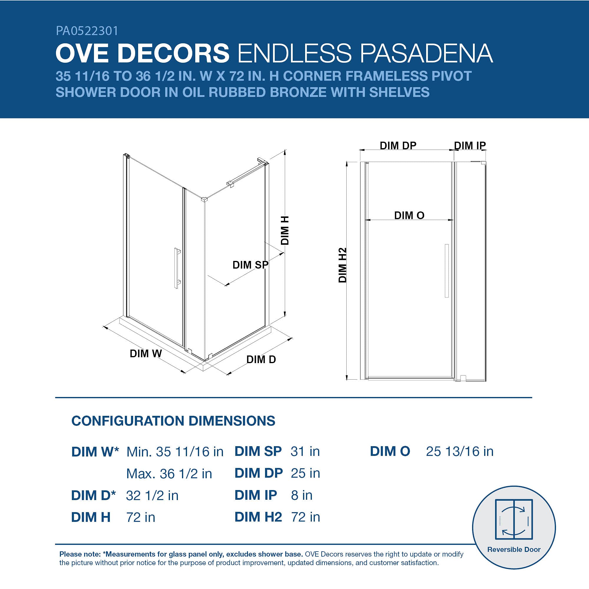 OVE Decors Pasadena Frameless Corner Pivot Shower Door 36