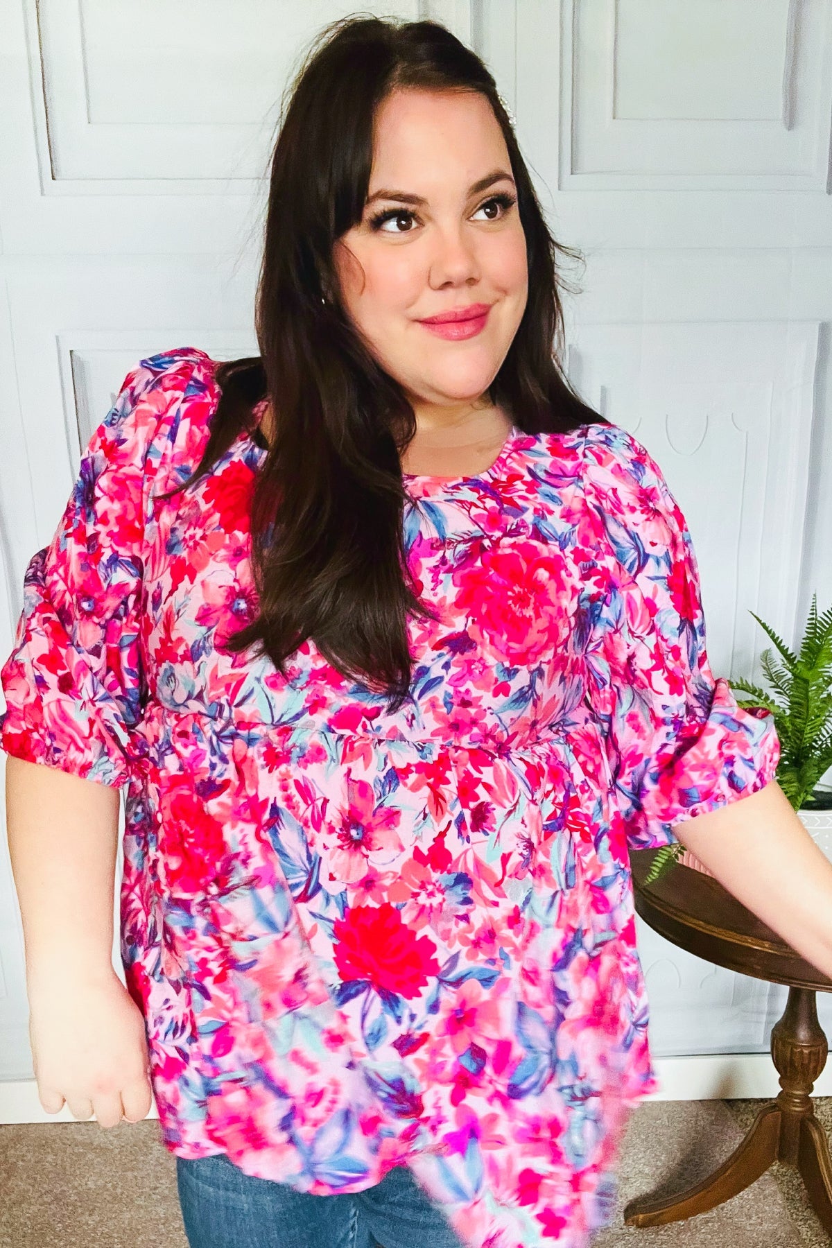 Feeling Femmi Pink & Fuchsia Floral Peplum Woven Top for Women - Elegant Blouse for Spring Summer Outfits, Date Night & Office Wear