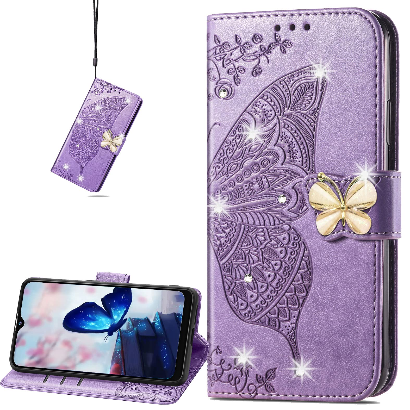 OnePlus 10 Pro Wallet Case - 3D Butterfly Flower PU Leather Phone Cover with Credit Card Slots & Magnetic Closure | Rhinestone Purple | Perfect for Daily Use, Travel & Business Meetings