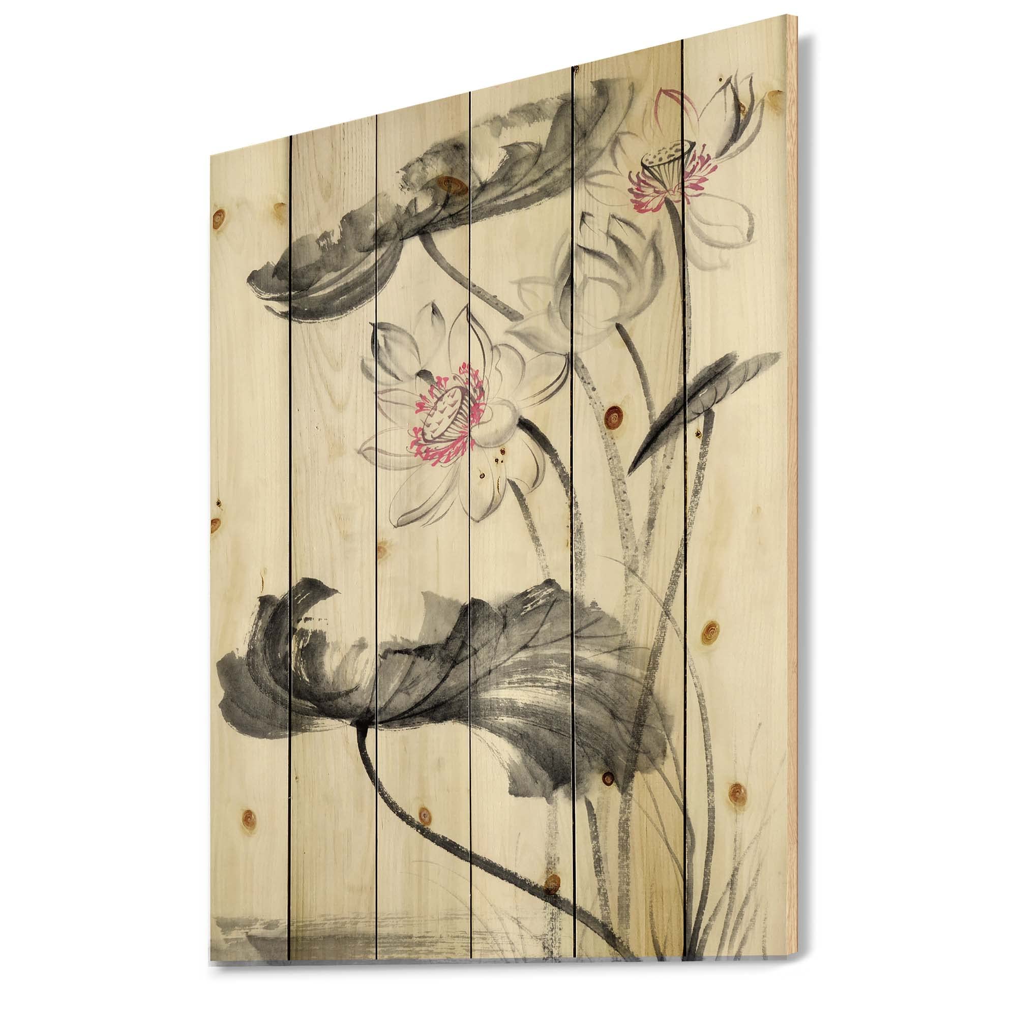 Vintage Lotus Flower Print on Natural Pine Wood - Handmade Traditional Asian Wall Art for Home Decor, Living Room, Bedroom & Office