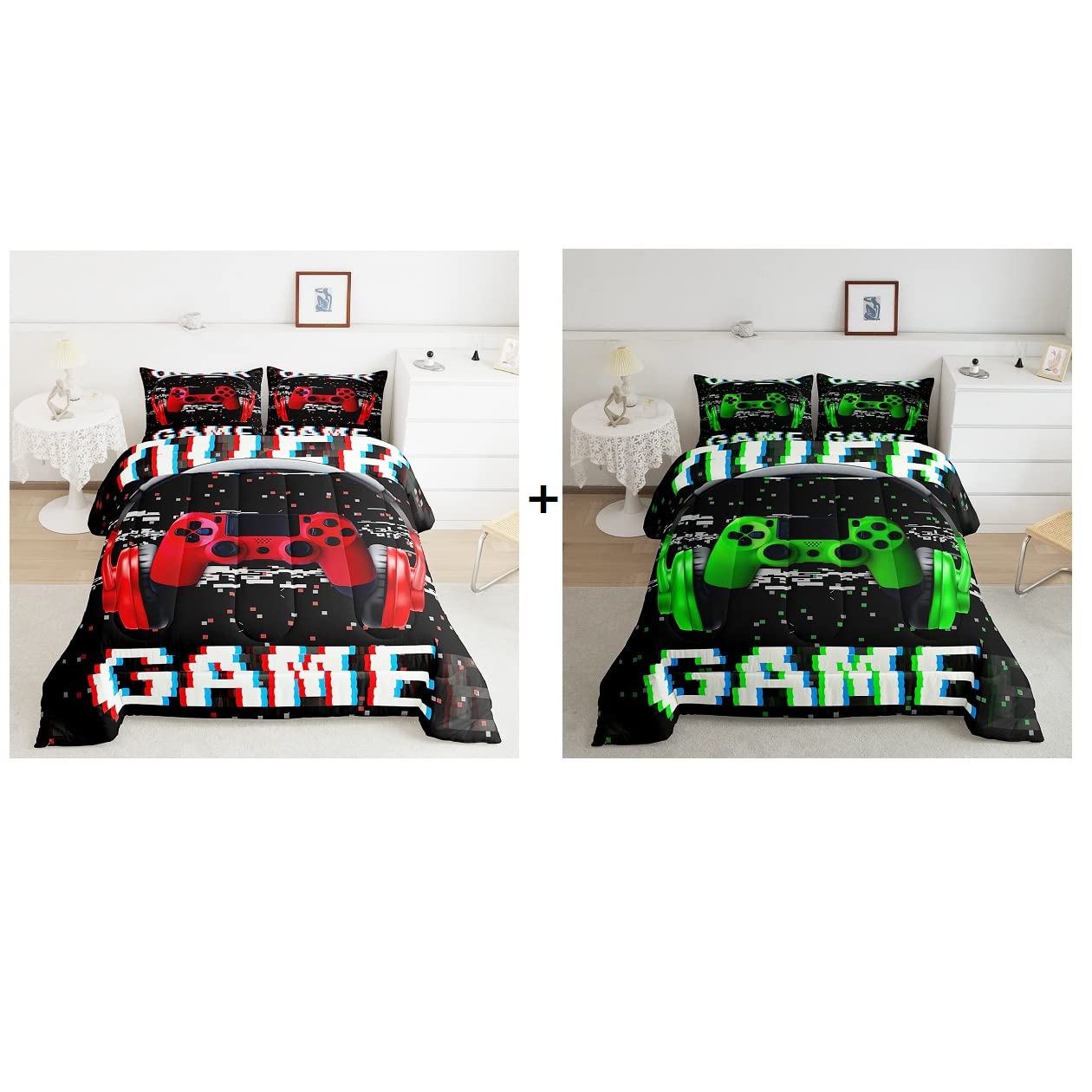 Erosebridal 4-Piece Red and Green Gaming Headset Comforter Set with Pillowcases - Soft Headphones & Gamepad Printed Bedding for Gamers - Perfect for Gaming Rooms, Dorm Decor, and Gamer Gifts