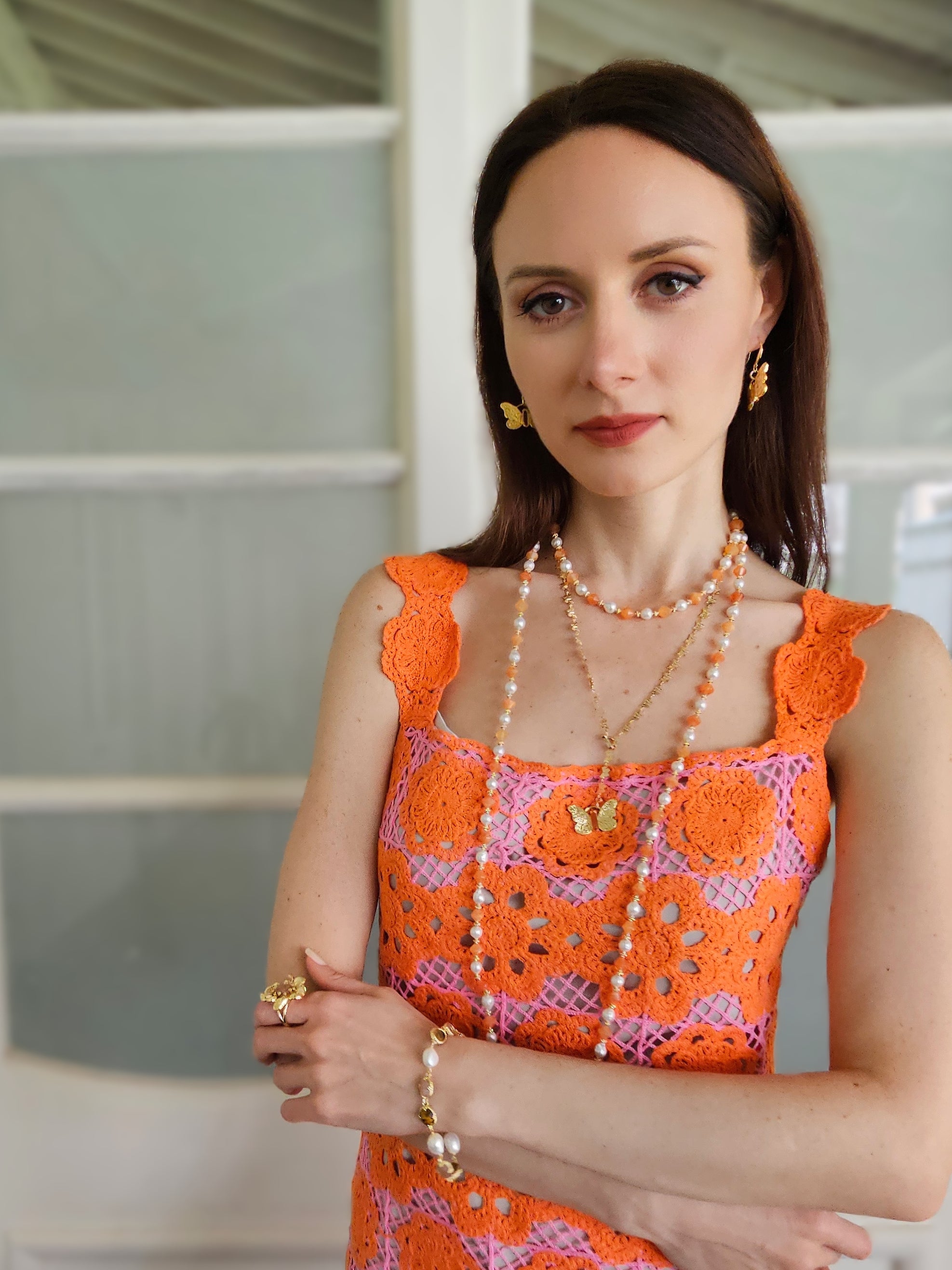 Freshwater Pearls & Orange Jade Short Necklace PN047 | Elegant Beaded Jewelry for Women | Perfect for Weddings, Parties & Everyday Wear