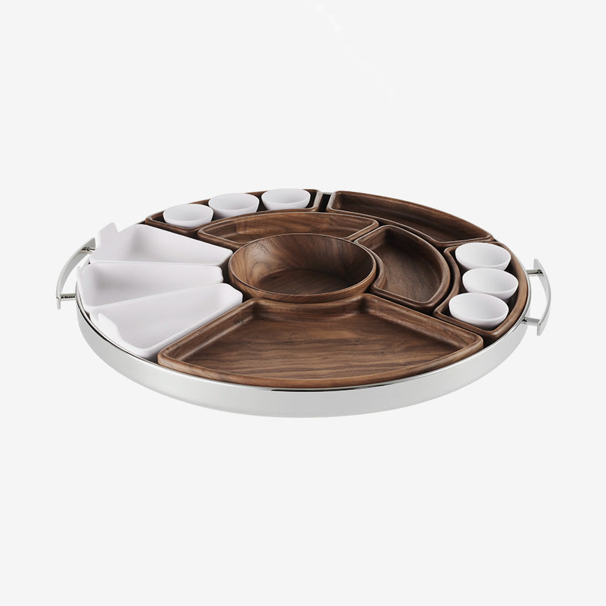 Christofle Mood Asia Tray - Premium Stainless Steel, Porcelain & Walnut Wood Serving Tray for Dining, Entertaining & Home Decor
