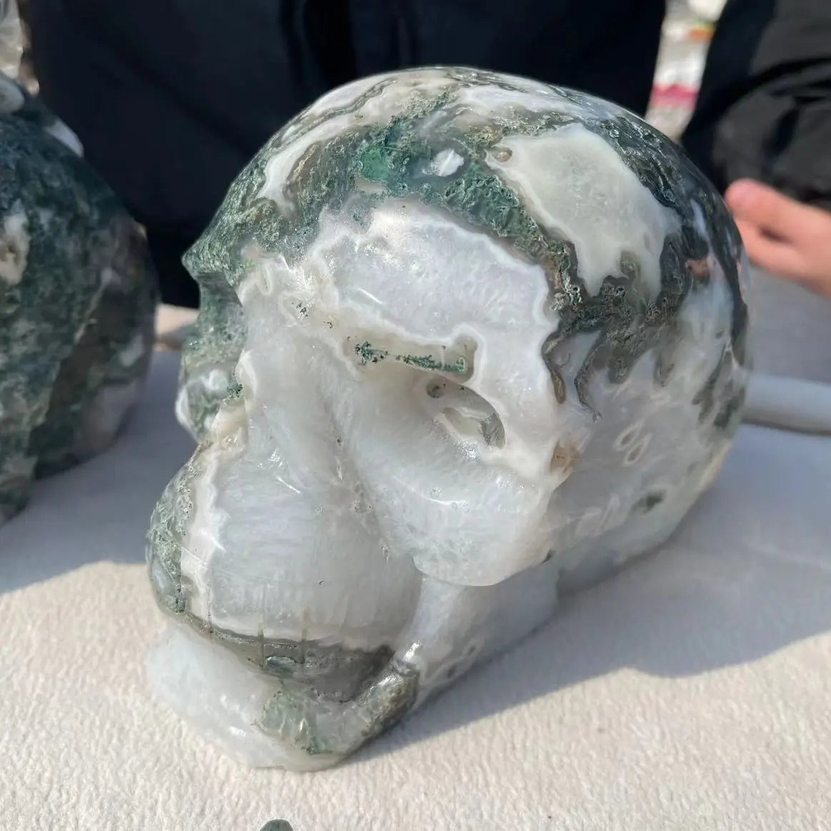1PC Natural Moss Agate Quartz Skull - 2200-2400G Hand Carved Crystal Healing Stone for Meditation, Reiki & Home Decor - Unique Spiritual Gift & Feng Shui Decor