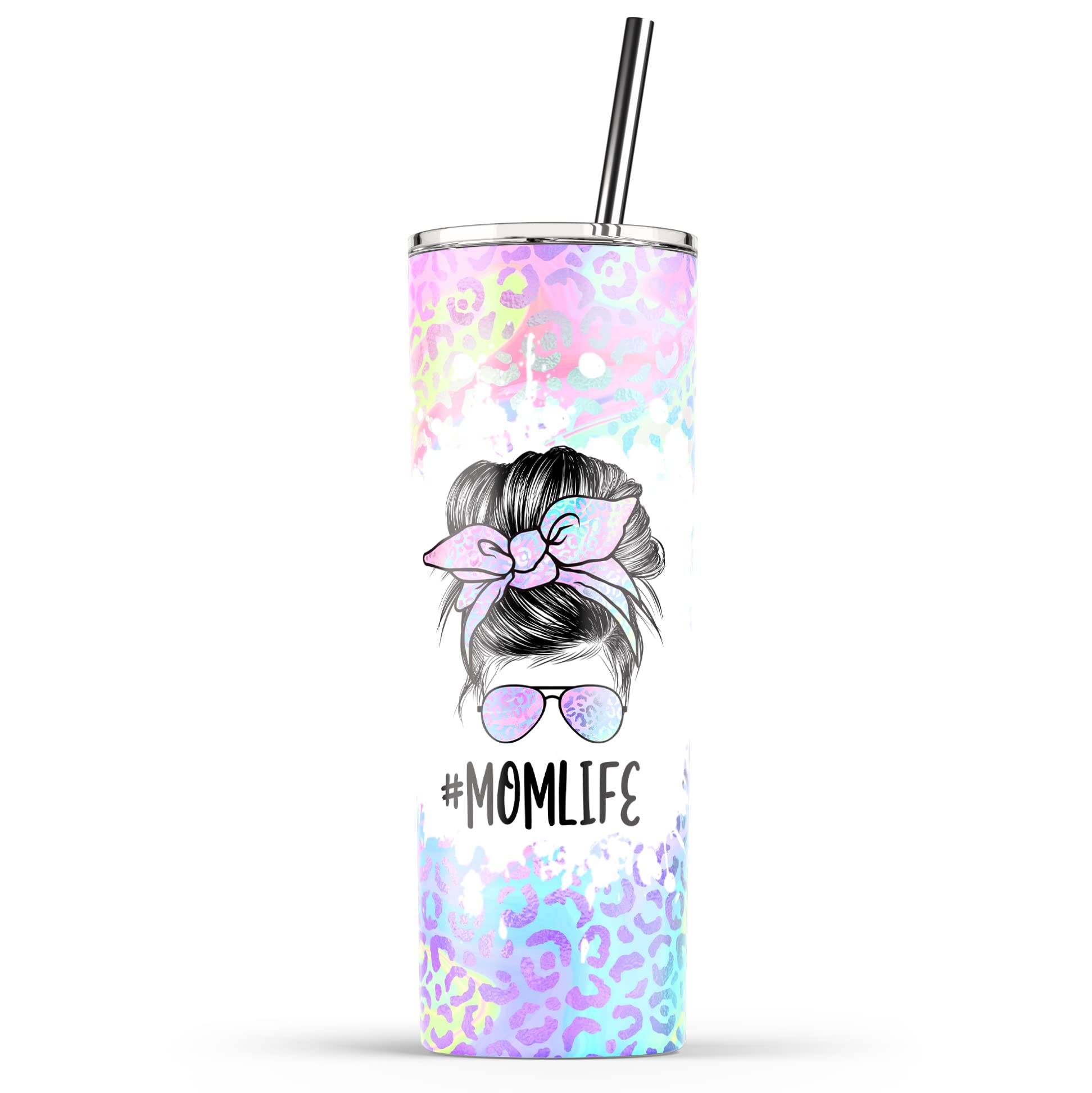 YouNique Designs 20oz Iridescent Leopard Print Stainless Steel Tumbler with Straw & Lid - Insulated Skinny Coffee Cup for Women, Mom Life Travel Mug - Perfect for Coffee, Tea, Water & On-the-Go Use