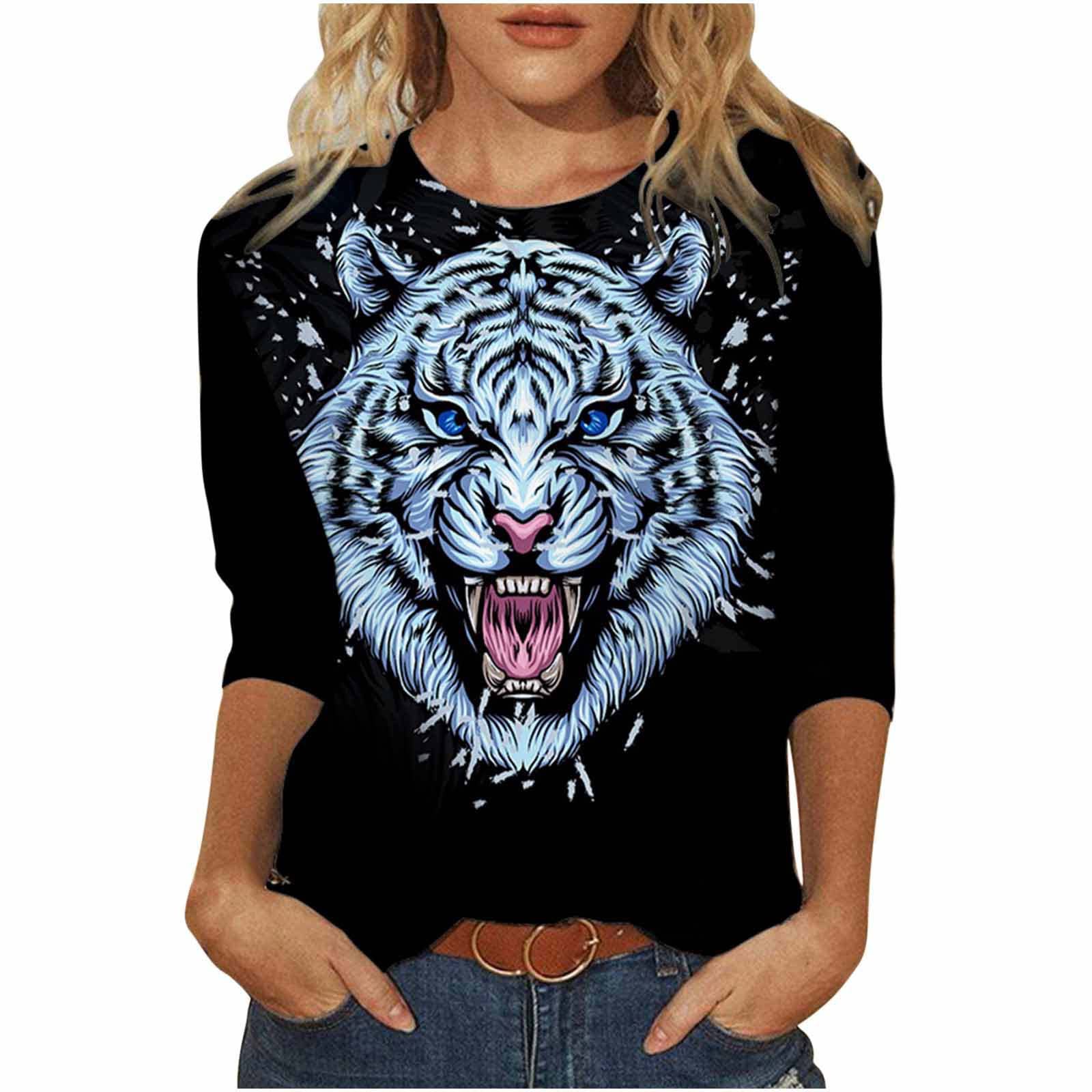 Women's 3/4 Sleeve Activewear Tops - Soft Casual Printed Blouses, Round Neck Loose Pullover Shirts for Yoga, Gym & Everyday Comfort