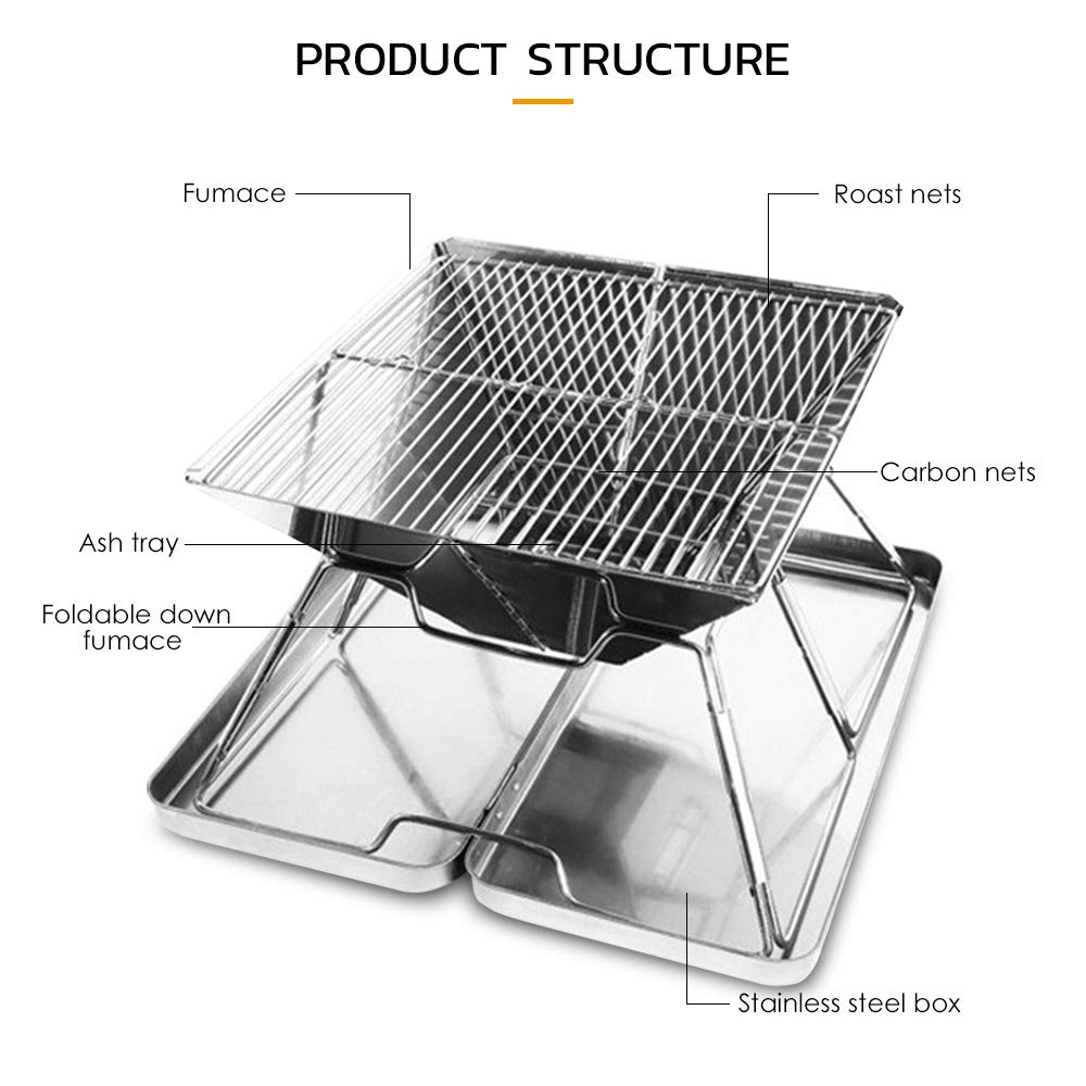 Portable Stainless Steel Foldable BBQ Charcoal Grill - Lightweight Camping Grill for Outdoor Barbecue, Picnics, Tailgating & Backyard Parties - Perfect for Camping, Beach Trips and RV Adventures