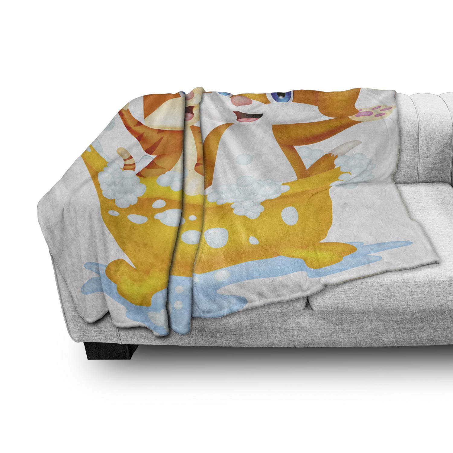 Ambesonne Flannel Fleece Throw Blanket - Cartoon Cat and Dog in Bathtub with Bubbles, Soft Cozy Accent Blanket for Couch, Bed, Sofa - 50