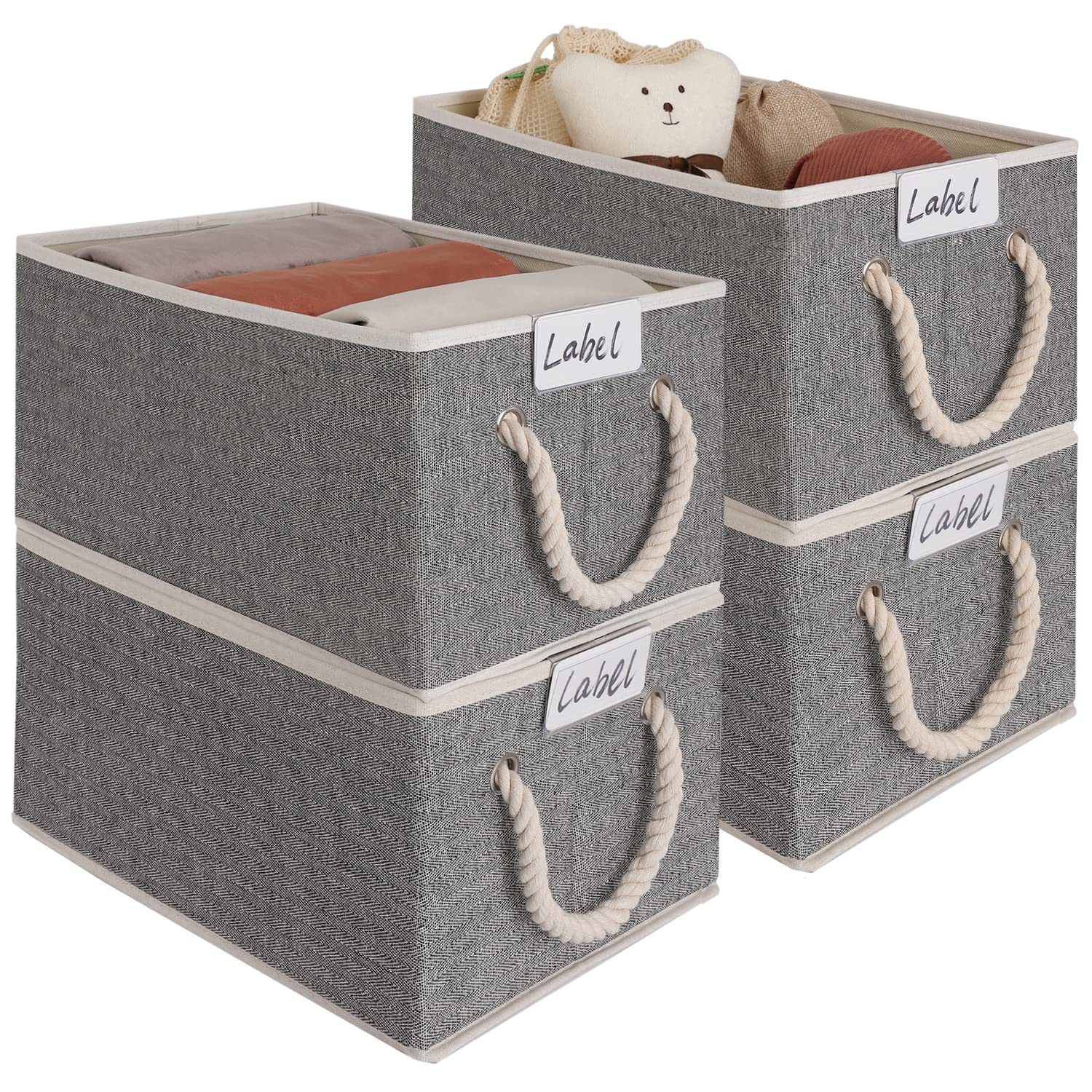 LoforHoney Fabric Storage Baskets - 4-Pack Large Dark Gray Collapsible Closet Organizer Bins with Cotton Rope Handles | Perfect for Shelves, Bedroom, Bathroom & Nursery Organization | Home & Office Storage Solutions