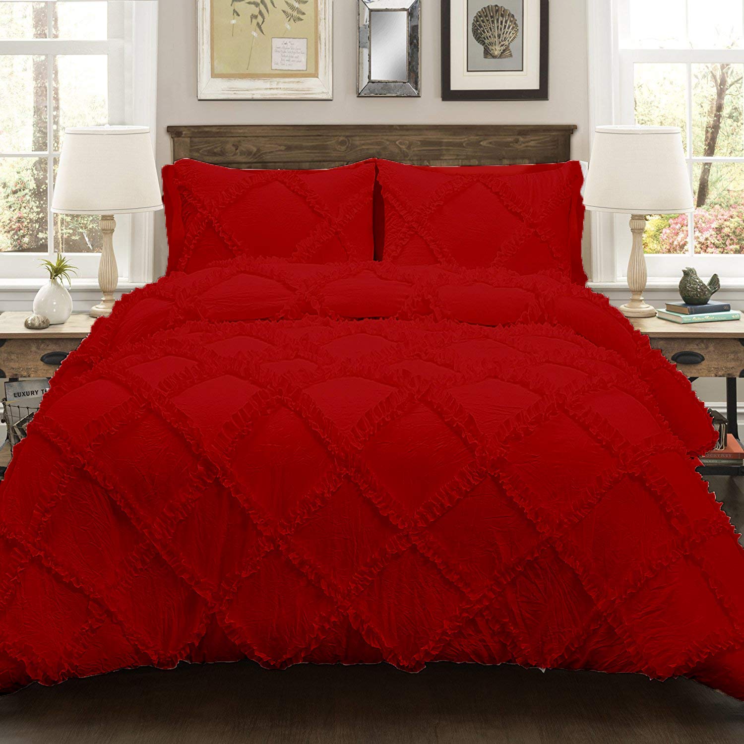 Premium 800 Thread Count Egyptian Cotton Duvet Cover Set - Full/Queen Size, 3-Piece (Duvet Cover + 2 Pillowcases) with Zipper Closure & Elegant Diamond Ruffles in Rich Blood Red | Perfect for Master Bedrooms, Guest Rooms & Luxury Hotels