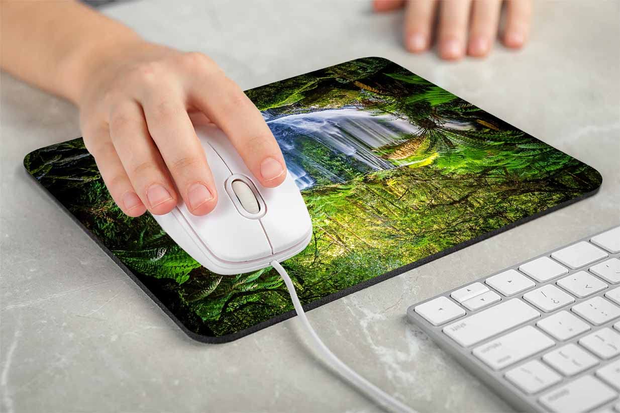 Green Tropical Rainforest Mouse Pad with Waterfall Design - Washable Square Cloth Mousepad for Office & Laptop - Non-Slip Rubber Base for Wireless Mouse - Perfect for Home, Office, and Gaming Desks