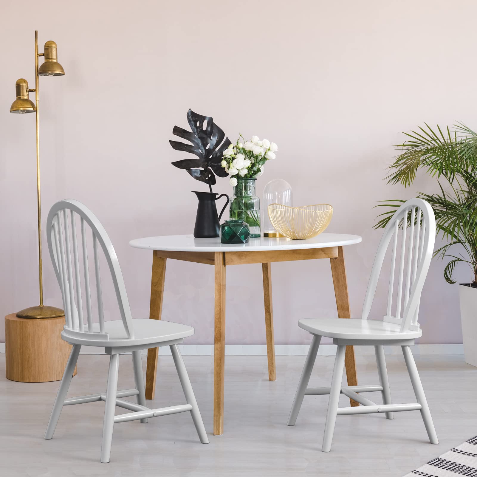 KOTEK Set of 2 Windsor Dining Chairs - Solid Wood Spindle Back Chairs with Wide Seat, Farmhouse Style Armless Side Chairs for Kitchen, Dining Room & Living Room - Perfect for Family Dinners & Home Decor (White)