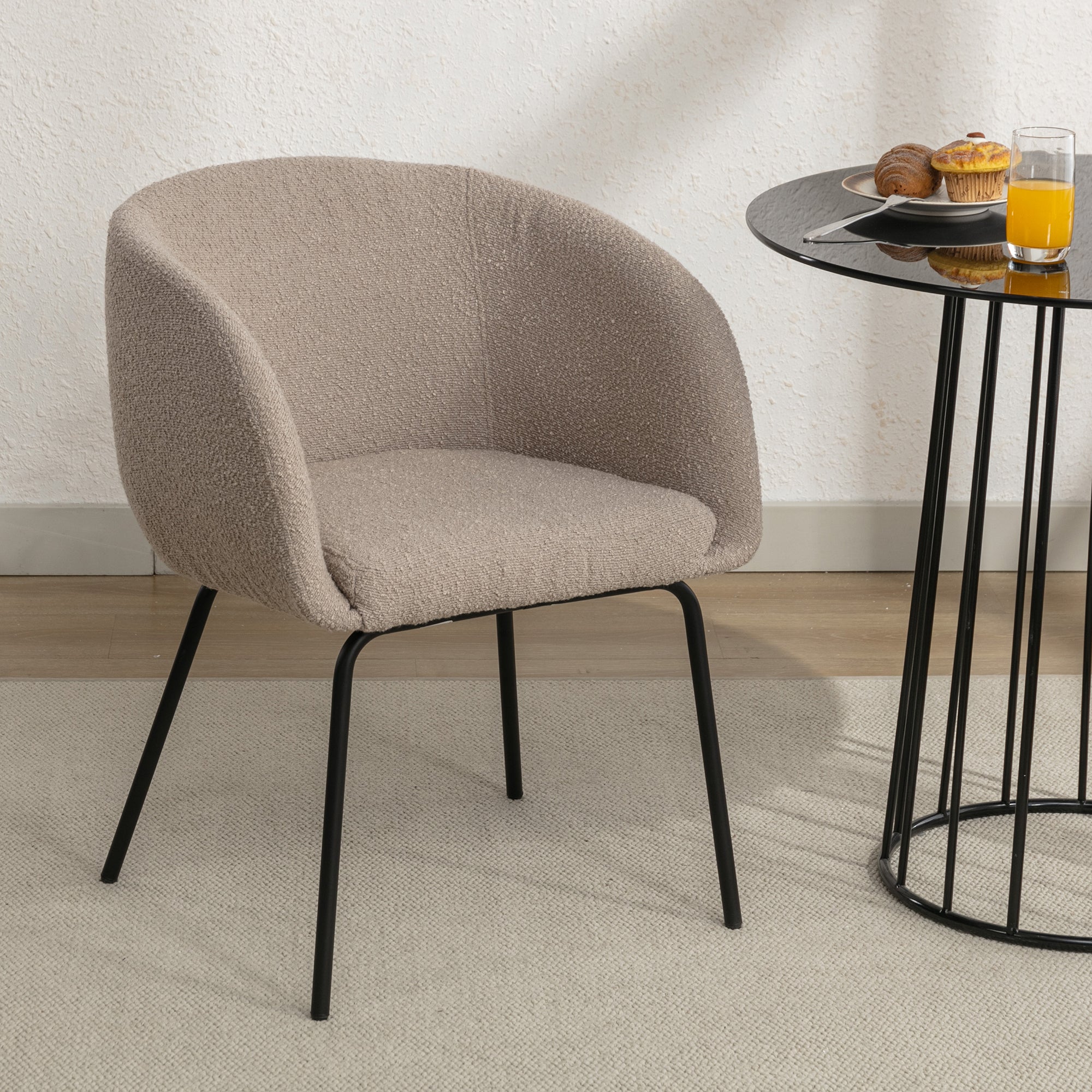 039 Set of 1 Boucle Fabric Dining Chair With Black Metal Legs - Modern Upholstered Accent Chair for Dining Room, Kitchen, Office or Living Room