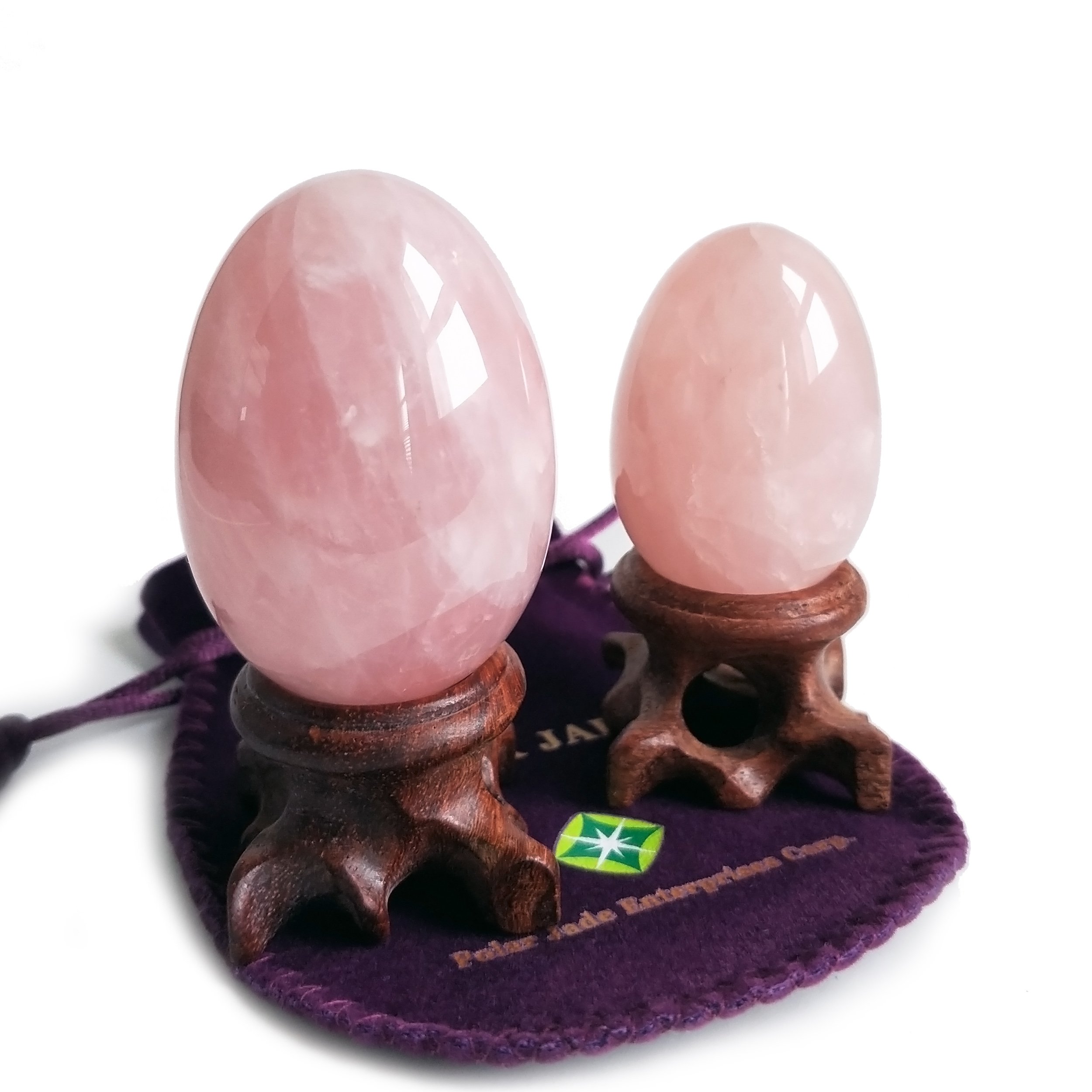 Polar Jade Set of 2 Rose Quartz Gemstone Egg Spheres with Wooden Stand - Natural Healing Stones for Meditation, Chakra Balancing, Stress Relief & Home Decor (L & M Sizes) - Perfect for Yoga Studios, Spiritual Gifts & Feng Shui Decorations