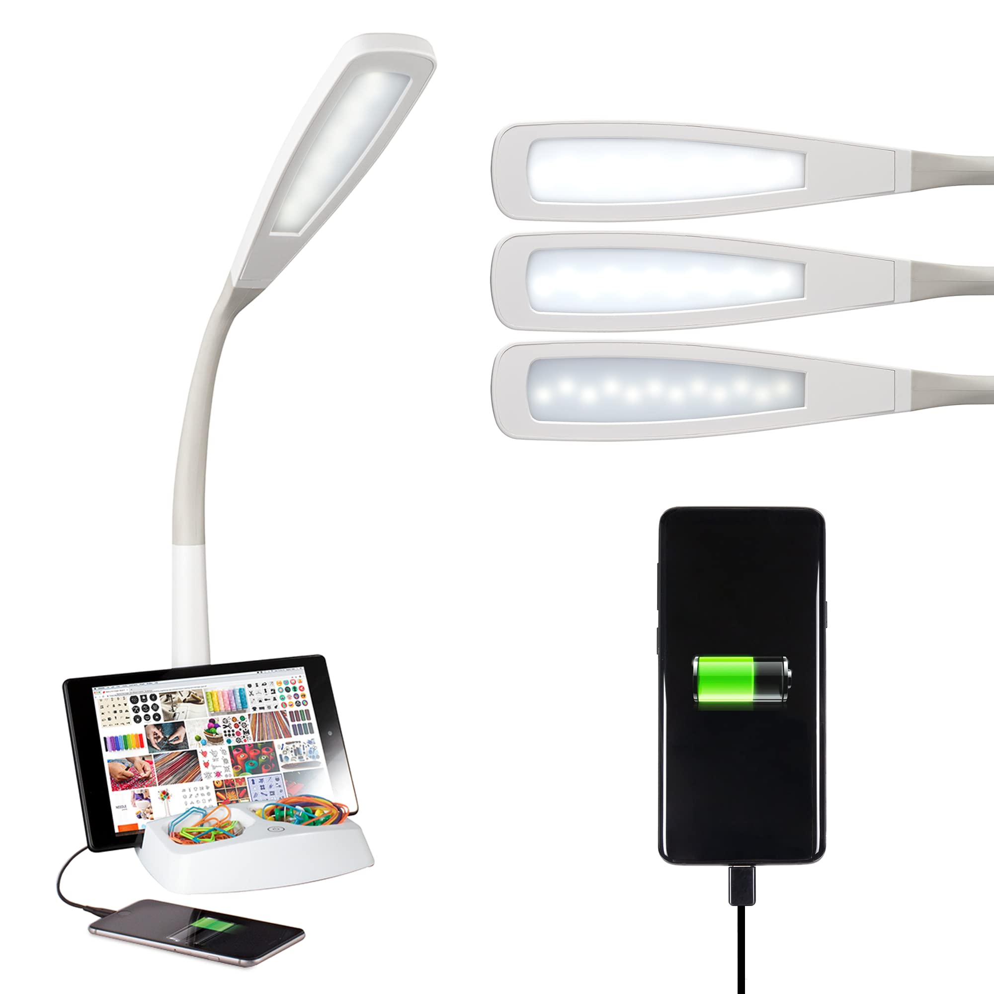 OttLite LED Desk Lamp with Tablet & Smartphone Holder - ClearSun LED Technology, Adjustable Neck, USB Charging Port & Storage Base - Perfect for Home Office, Online Tutorials, Crafting, Sewing & Remote Work