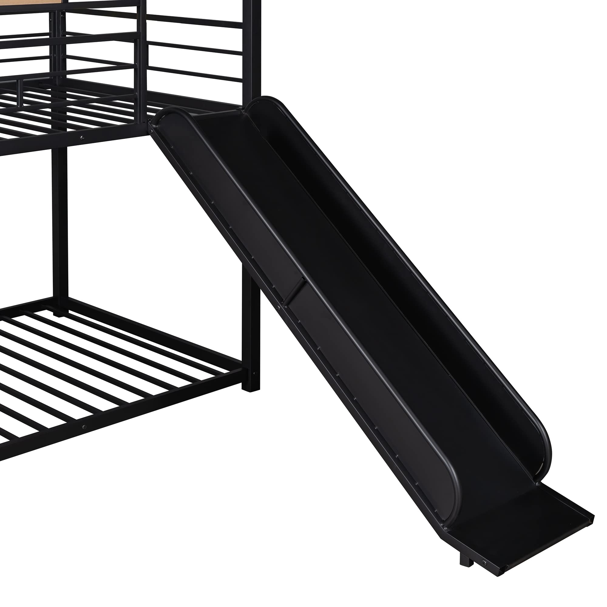 Twin Over Twin Metal Bunk Bed with Slide & Ladder - Kids Housebed for Toddlers & Children - Black Frame with Black Slide - Perfect for Bedrooms, Playrooms & Sleepovers - Can Be Decorated with Mosquito Nets