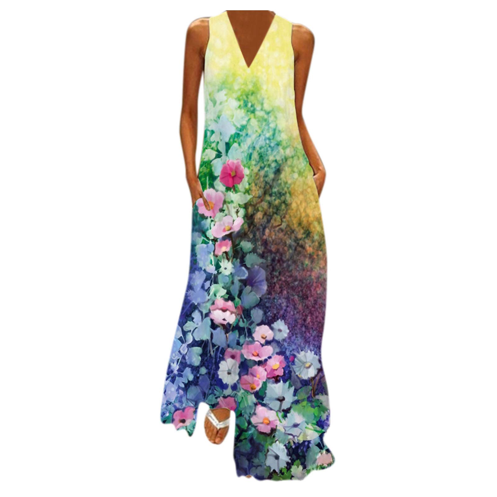 Women's V-Neck Printed Cami Maxi Dress with Pockets - Sleeveless Summer Party Dress in Green (Size S) - Perfect for Beach Vacations, Date Nights & Casual Outings