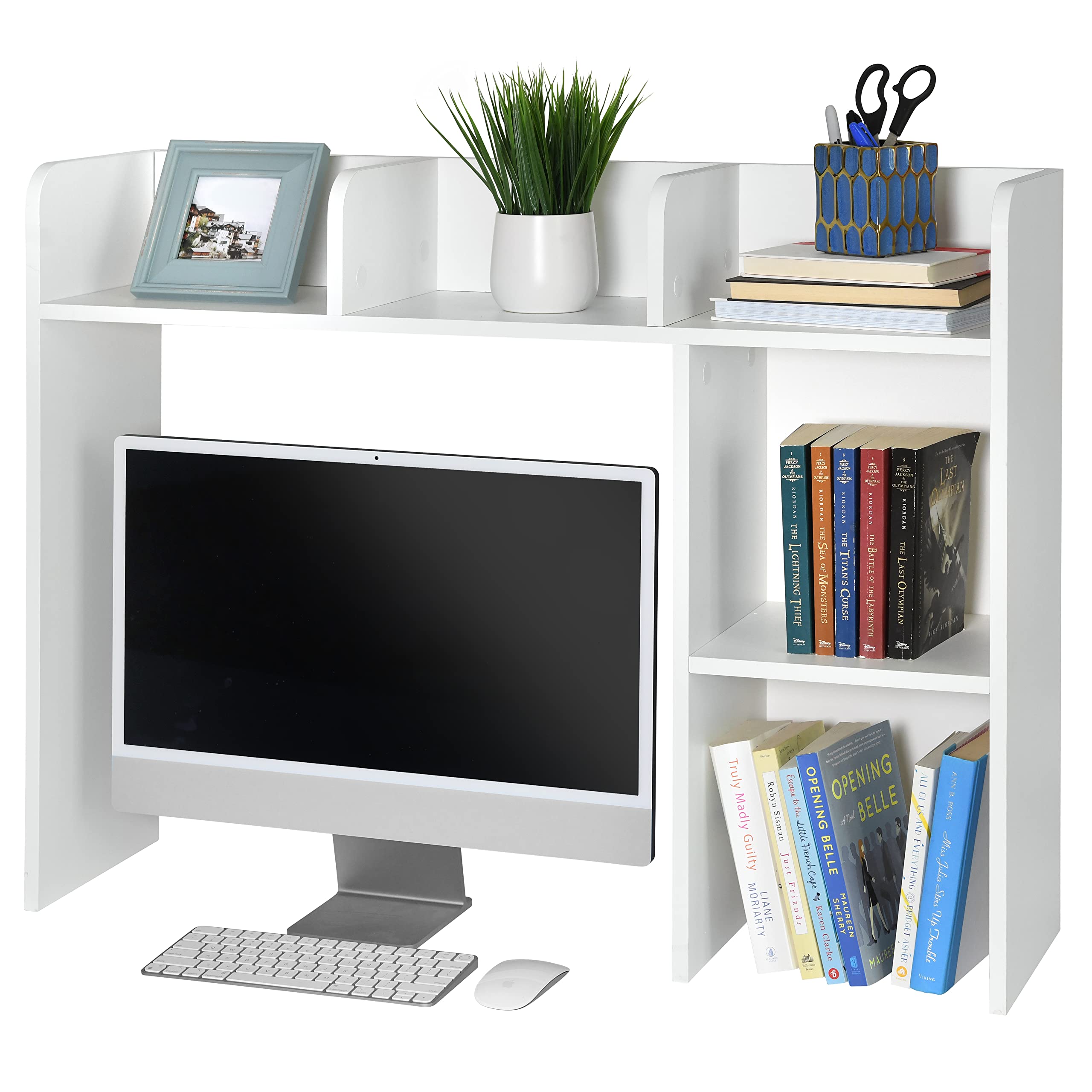 GlossyEnd Sturdy & Elegant White Wooden Dorm Desk Bookshelf Organizer - Office & College Desktop Storage for Books, Supplies & Decor | Perfect for Small Spaces, Dorm Rooms & Home Offices