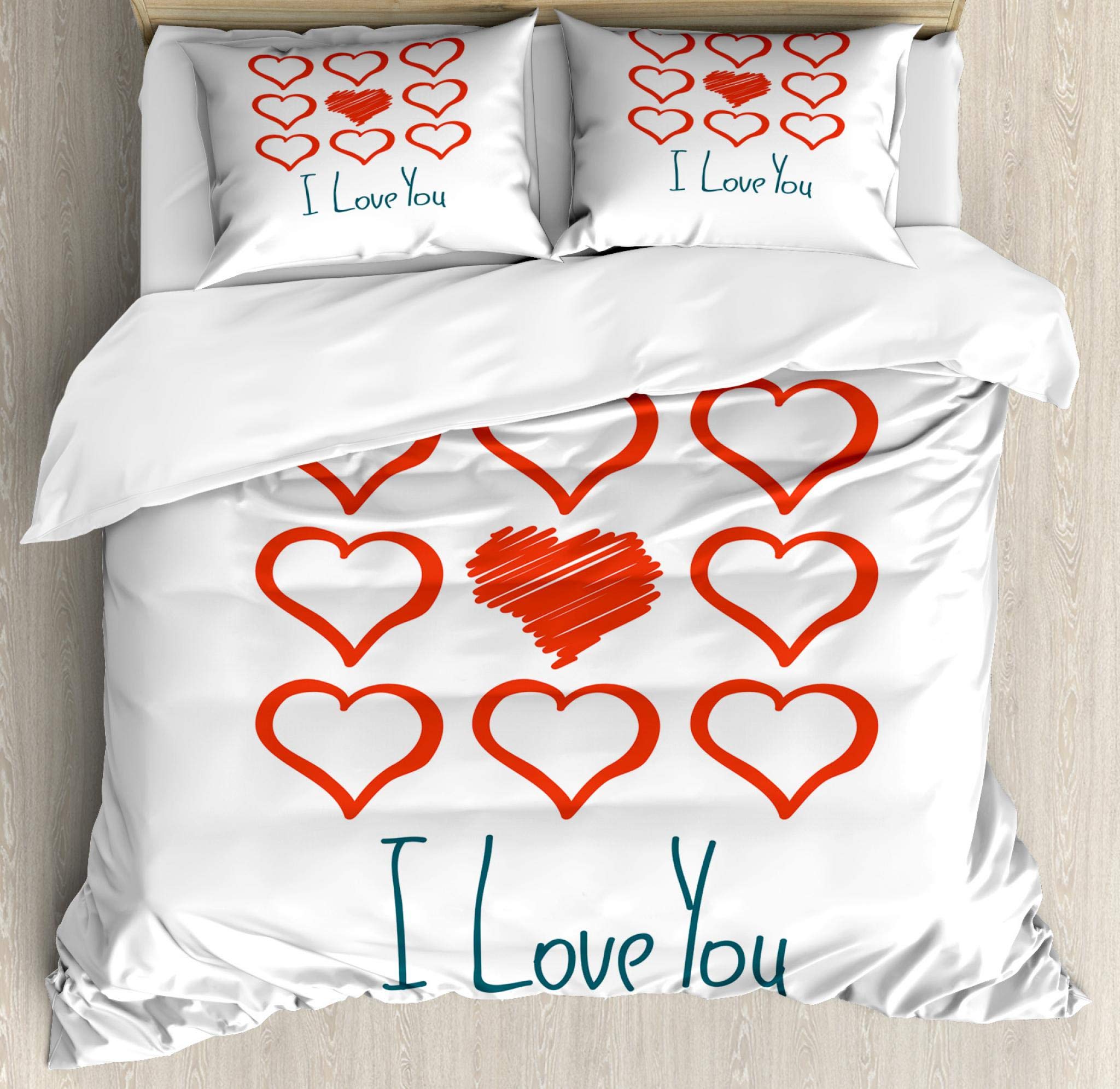 Ambesonne Romantic Duvet Cover Set Queen Size - Hand-Painted Red Hearts with 