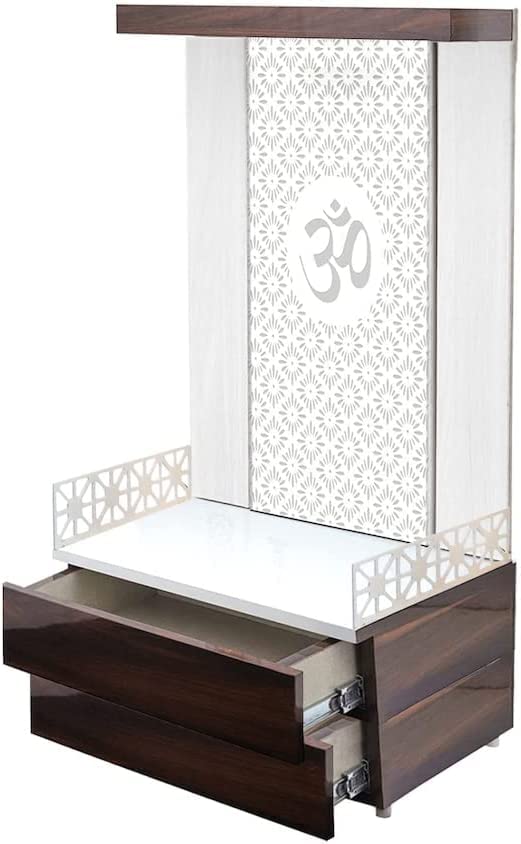 Devyom Wooden Temple with White LED Light - 16x10x8 Inches Wall Hanging & Table Top Puja Mandir for Home & Office - Spiritual Decor for Meditation, Prayer & Yoga Space (White Gold)