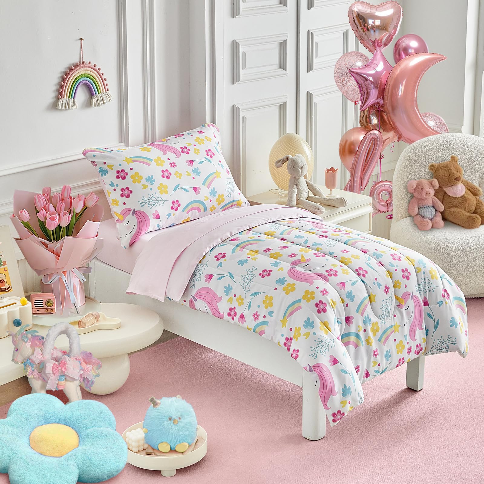 **Unicorn Toddler Bedding Set for Girls - 4PC Light Pink Floral Rainbow Princess Bed Set with Soft Blue Yellow Sheets & Pillow Shams | Cute Nursery Decor for Toddler Beds & Kids Rooms**