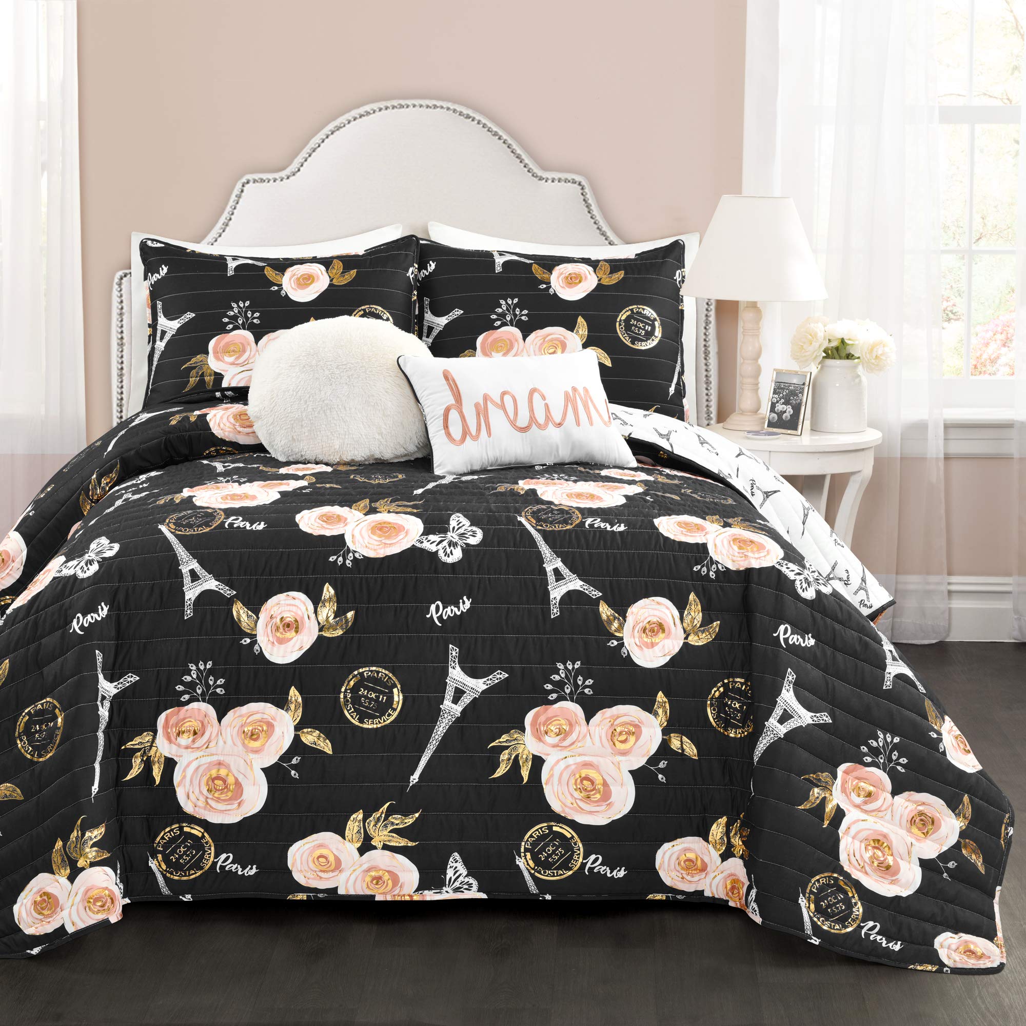 Lush Decor Black Vintage Paris Rose Butterfly 5-Piece Reversible Quilt Bedding Set - Full/Queen Size for Romantic Bedroom Decor | Perfect for Guest Rooms, Master Bedrooms & Cozy Home Styling