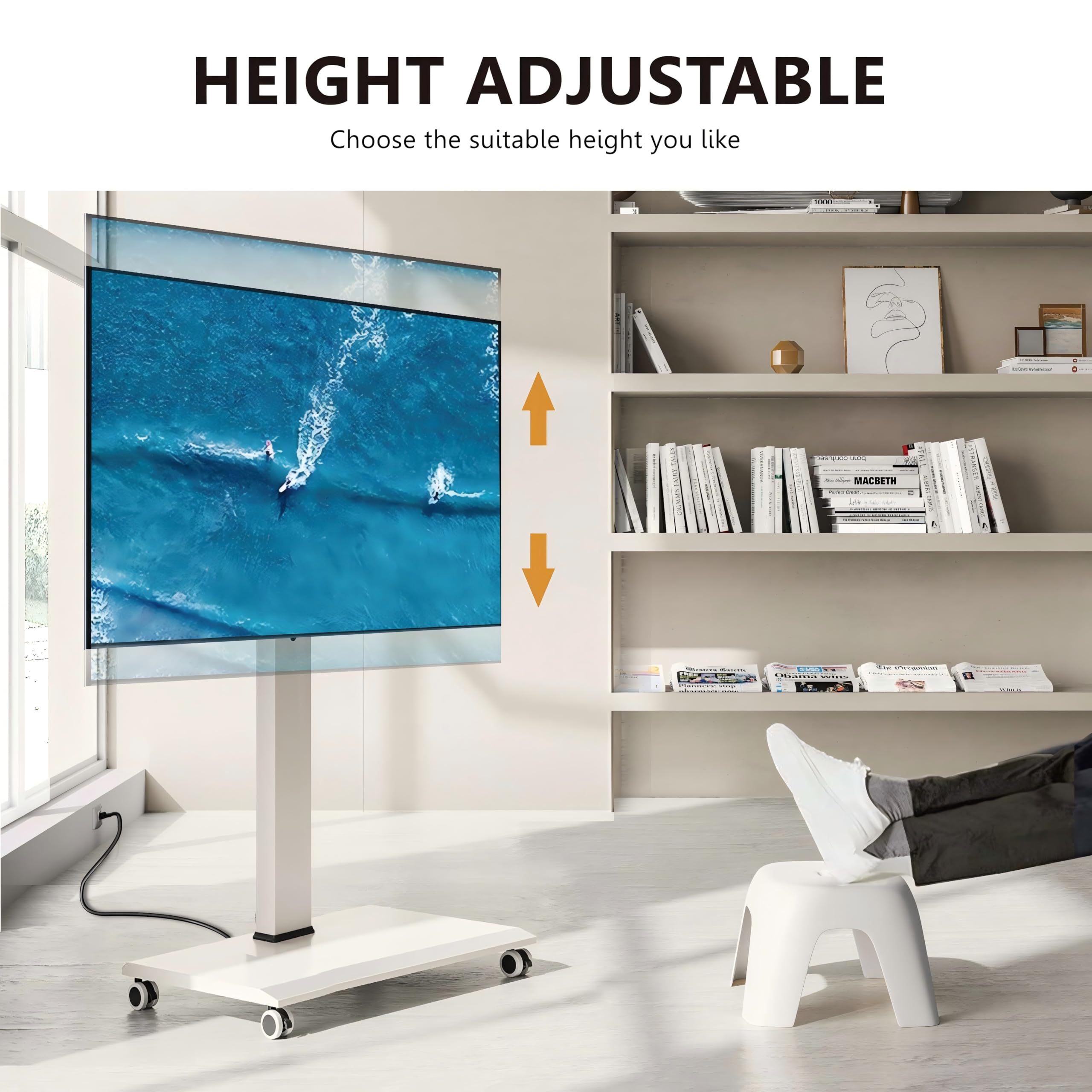 FITUEYES Rolling TV Stand with Built-in Power Outlet - Adjustable Mobile TV Cart for 32-75 Inch Screens (Max VESA 400x600mm, 88 Lbs Capacity) - Swivel ±20°, Rotate Landscape to Portrait, Height Adjustable - Perfect for Living Rooms, Bedrooms, Offices & Home Theaters