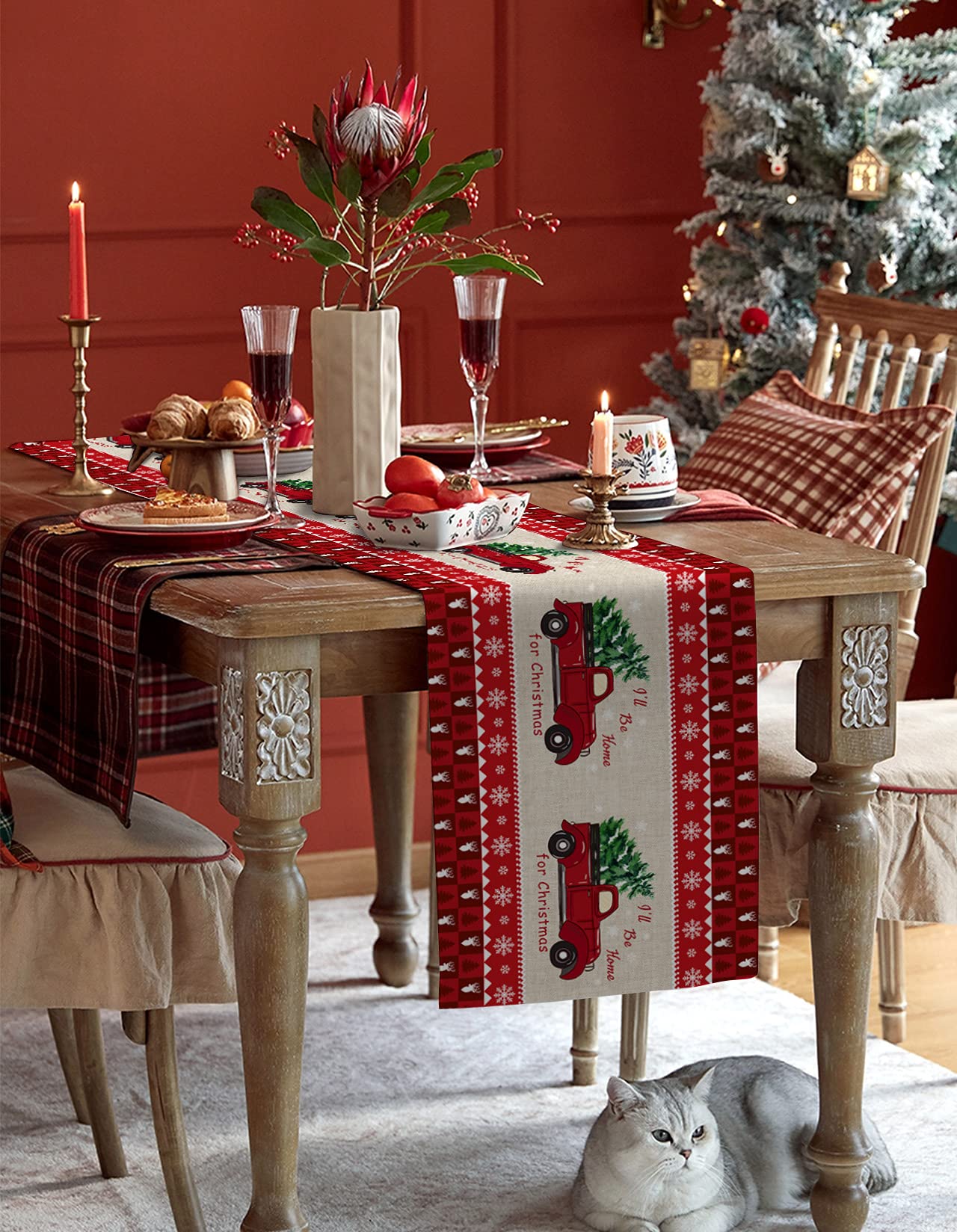 36 Inch Christmas Table Runner with Red Truck & Tree Design - Retro Holiday Kitchen, Dining, Living Room Decor - Perfect for Parties & Home Decoration (13x36 in) - Ideal for Christmas Dinners, Family Gatherings & Festive Home Styling
