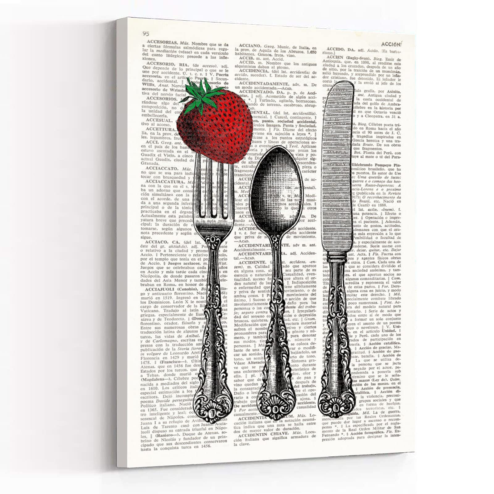 Vintage Cutlery & Strawberry Dictionary Art Print - 16''x24'' Framed Modern Canvas Wall Art for Kitchen Decor | Antique Book Paper Poster with Fork, Spoon & Knife Design | Perfect for Farmhouse, Rustic & Retro Kitchen Wall Decoration