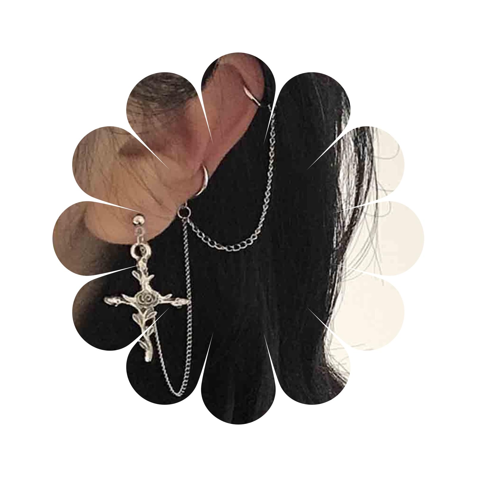 Silver Cross Dangle Chain Earrings for Women - Long Crucifix Drop Earrings with Cuff Wrap Design | Religious Jewelry Gift for Church, Weddings & Everyday Wear
