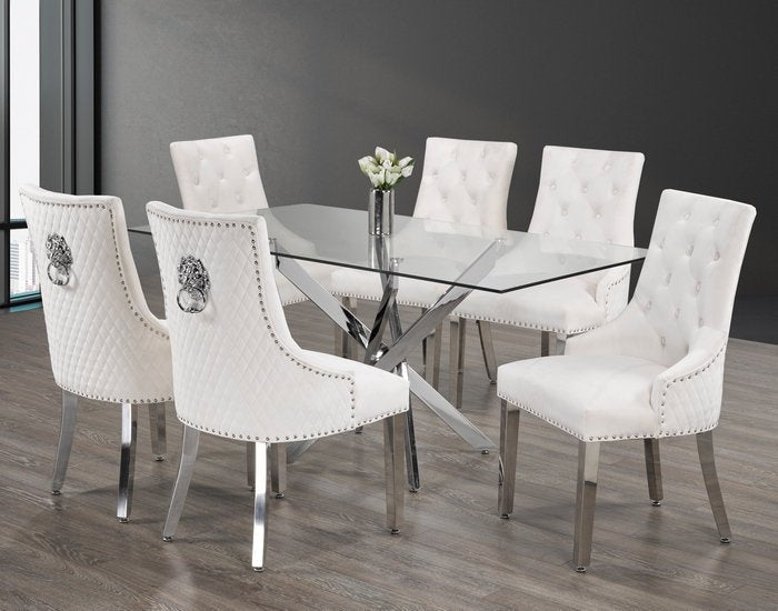 Elegant Glass Dining Table with Swivel Chrome Legs & Cream Velvet Chairs - Lion Knocker Accent for Modern Home Dining & Entertaining