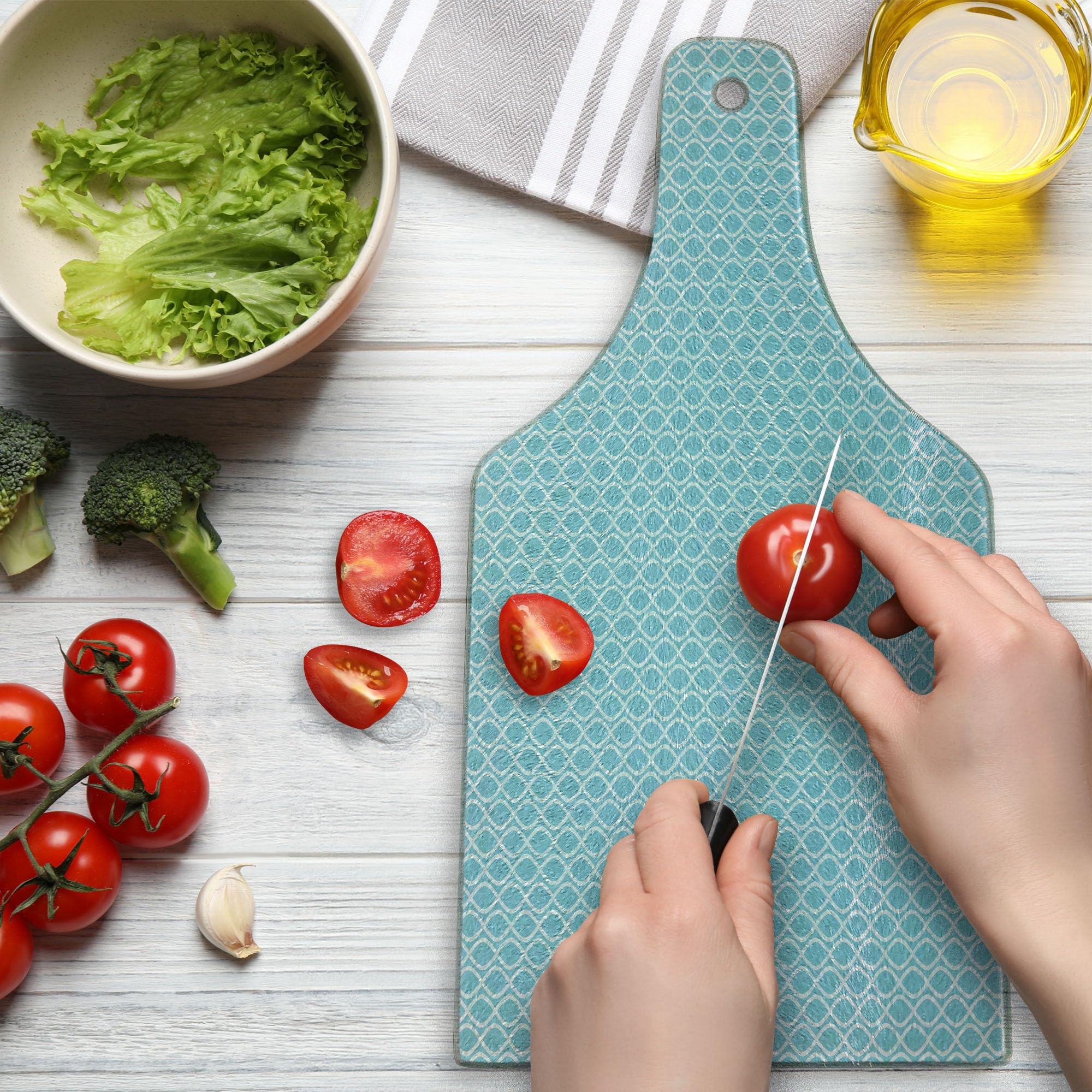 Ambesonne Modern Tempered Glass Cutting Board - Pool Water Wavy Lines Design, Decorative Serving Board with Wine Bottle Shape in Pale Blue & White - Perfect for Kitchen Prep, Charcuterie Display & Wine Pairing