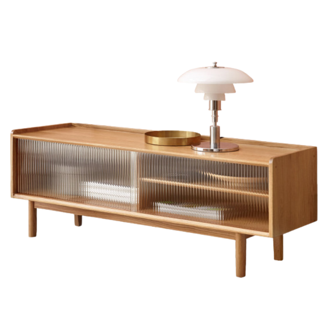 Solid Oak Wood TV Stand with Sliding Doors - Modern Entertainment Center for Living Room, Bedroom & Home Theater