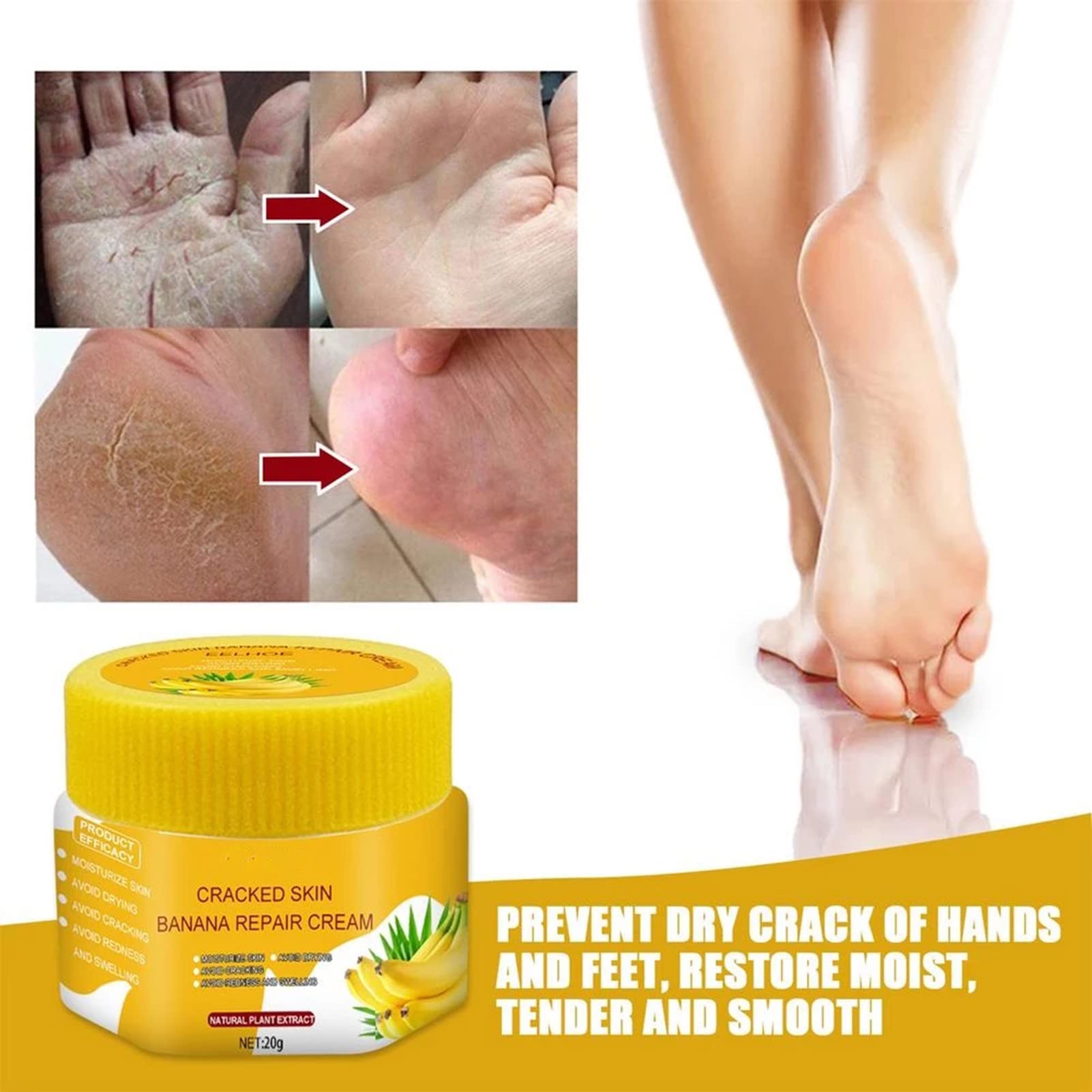 Banana Foot Repair Cream for Dry Cracked Feet - Natural Moisturizing Foot Cream for Cracked Heels & Rough Skin - Best Foot Care for Cracked Skin Treatment - Perfect for Dry Winter Feet & Post-Pedicure Care (1PCS)