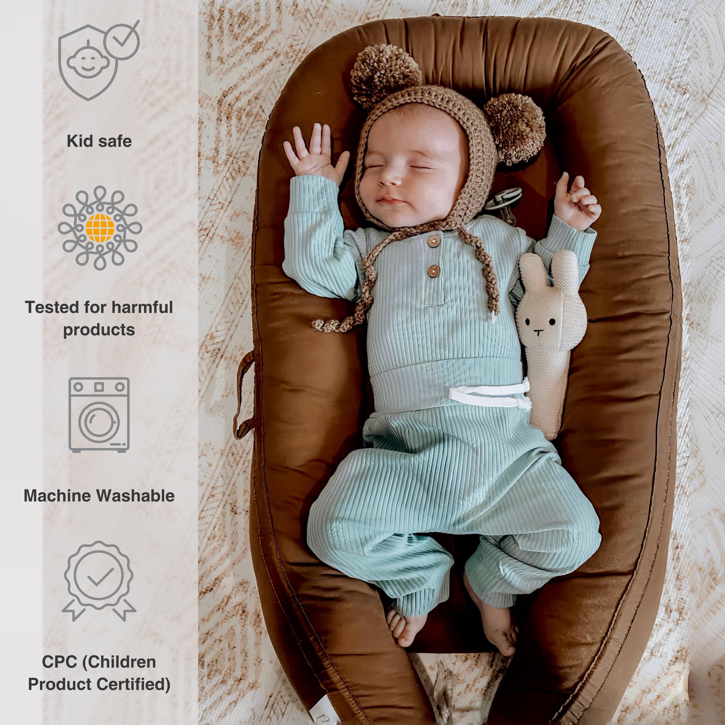 **Soft & Breathable Infant Lounger - 100% Cotton Baby Nest Cover for Newborns 0-12 Months | Portable Travel Bed for Boys & Girls | Perfect for Nursery, Travel & Co-Sleeping (Brown, Cotton)**