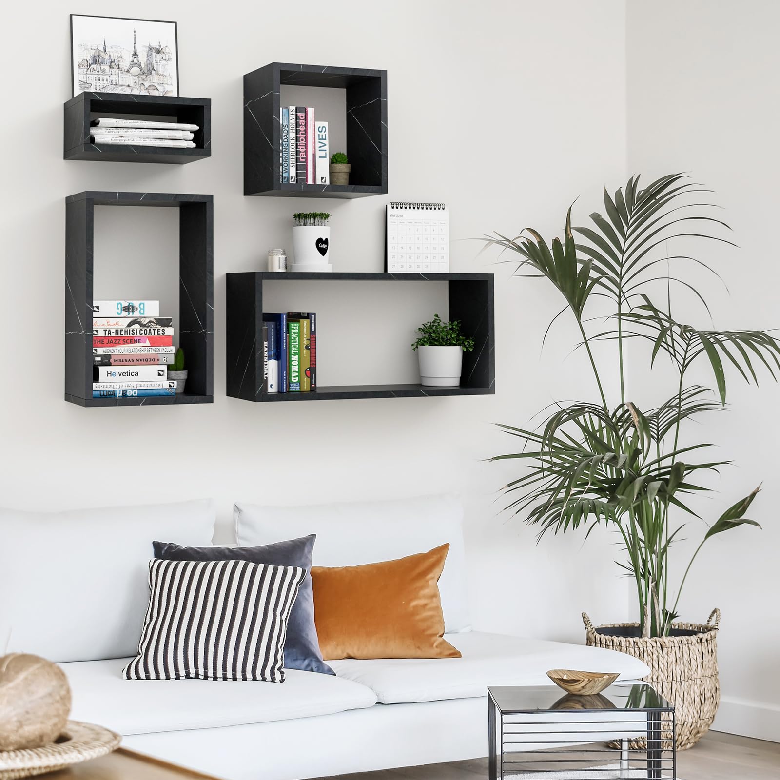Kaboon 4-Piece Floating Wall Mount Shelf Set - Large Cube Shelves for Home & Office Decor, Space Saving Storage - Cloud Atlas & Black Marble Finish | Perfect for Living Room, Bedroom, Kitchen & Commercial Spaces