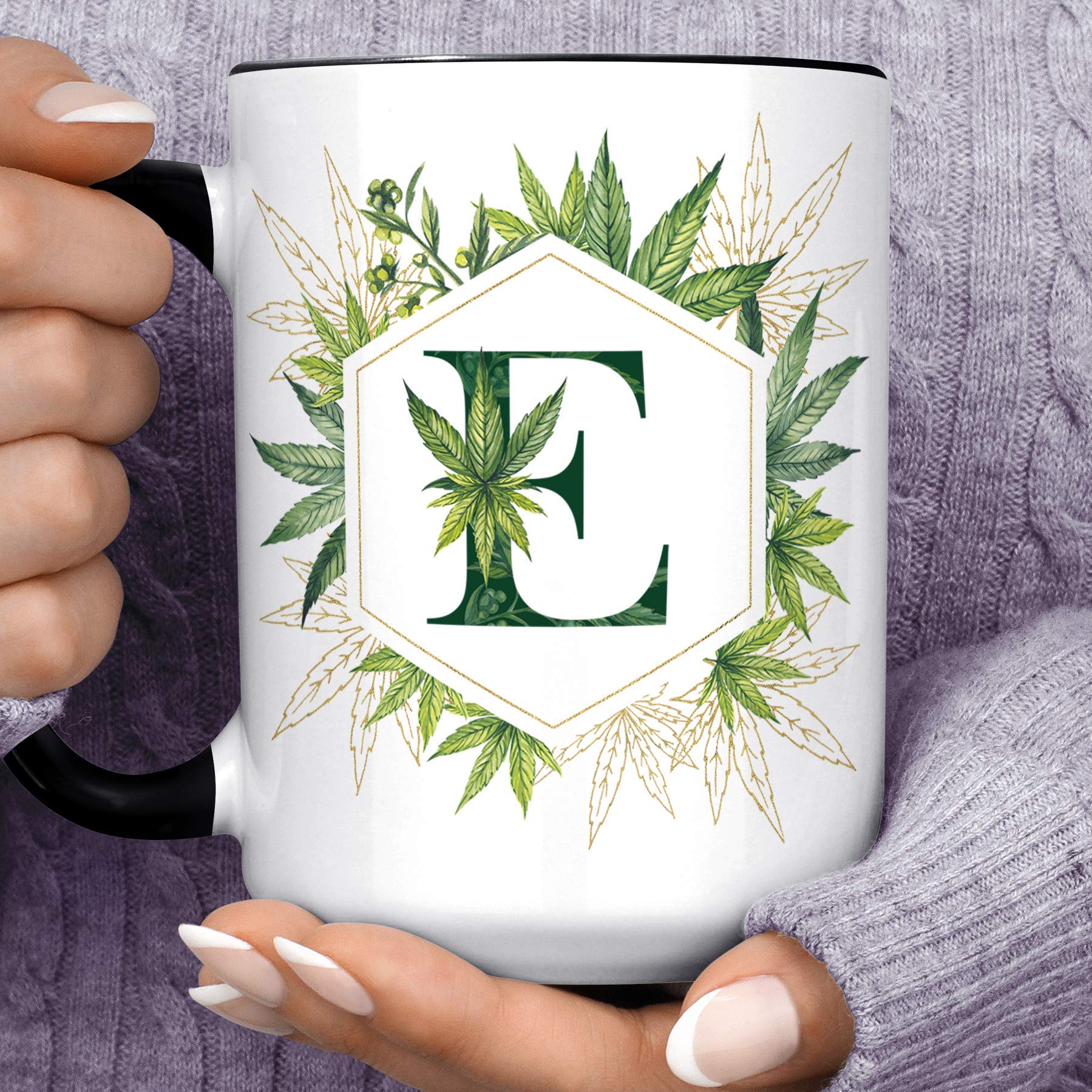 Custom Marijuana Leaf Monogram Initial Coffee Mug - Personalized Cannabis Themed Gift - Microwave & Dishwasher Safe Ceramic Cup for Stoner Gifts, 420 Parties & Coffee Lovers
