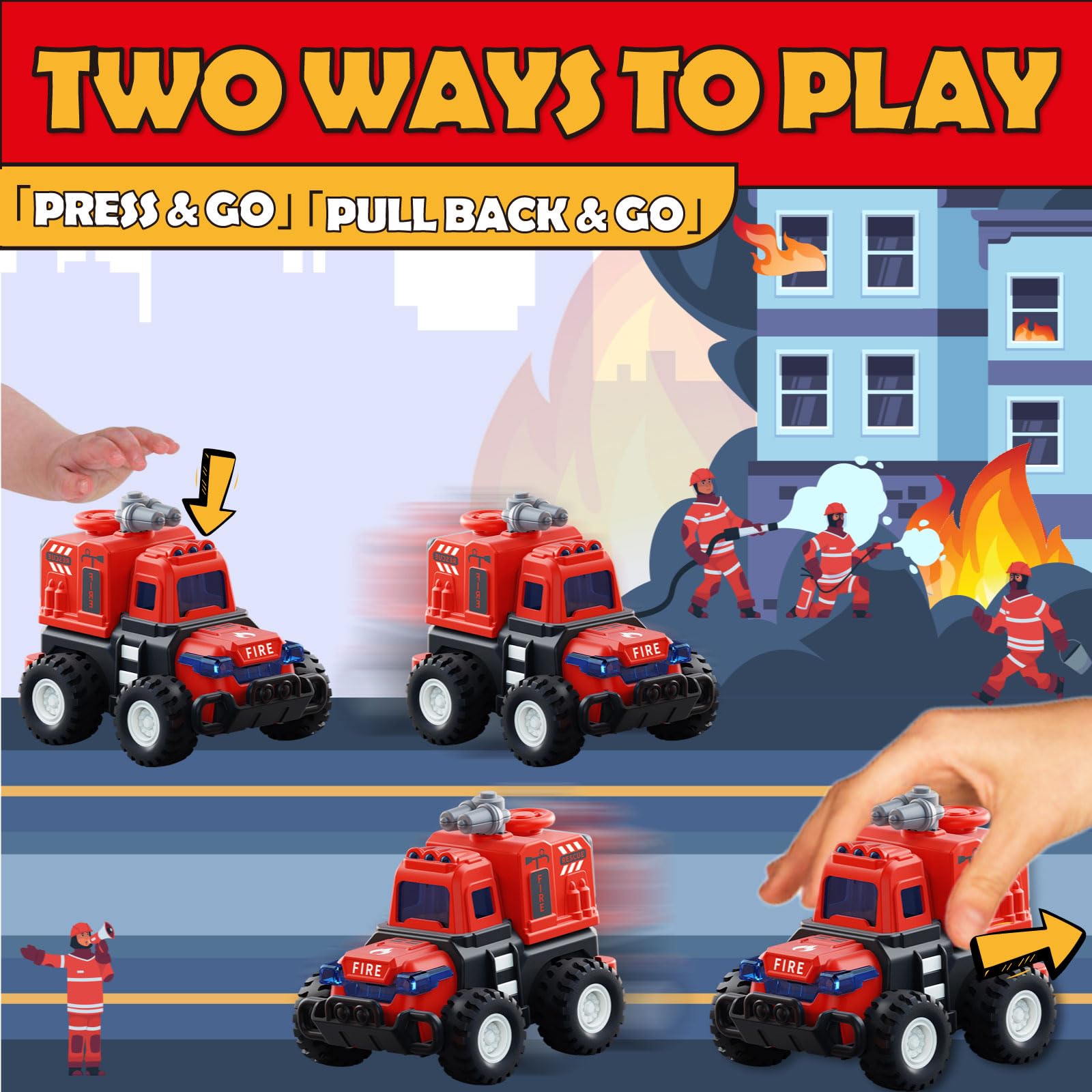 **4-Pack Fire Truck Toy Cars for Toddlers Ages 1-3 | Press N Go & Pull Back Emergency Vehicles for Boys & Girls | Sandbox, Construction Play & Birthday Gifts for 1-3 Year Olds**