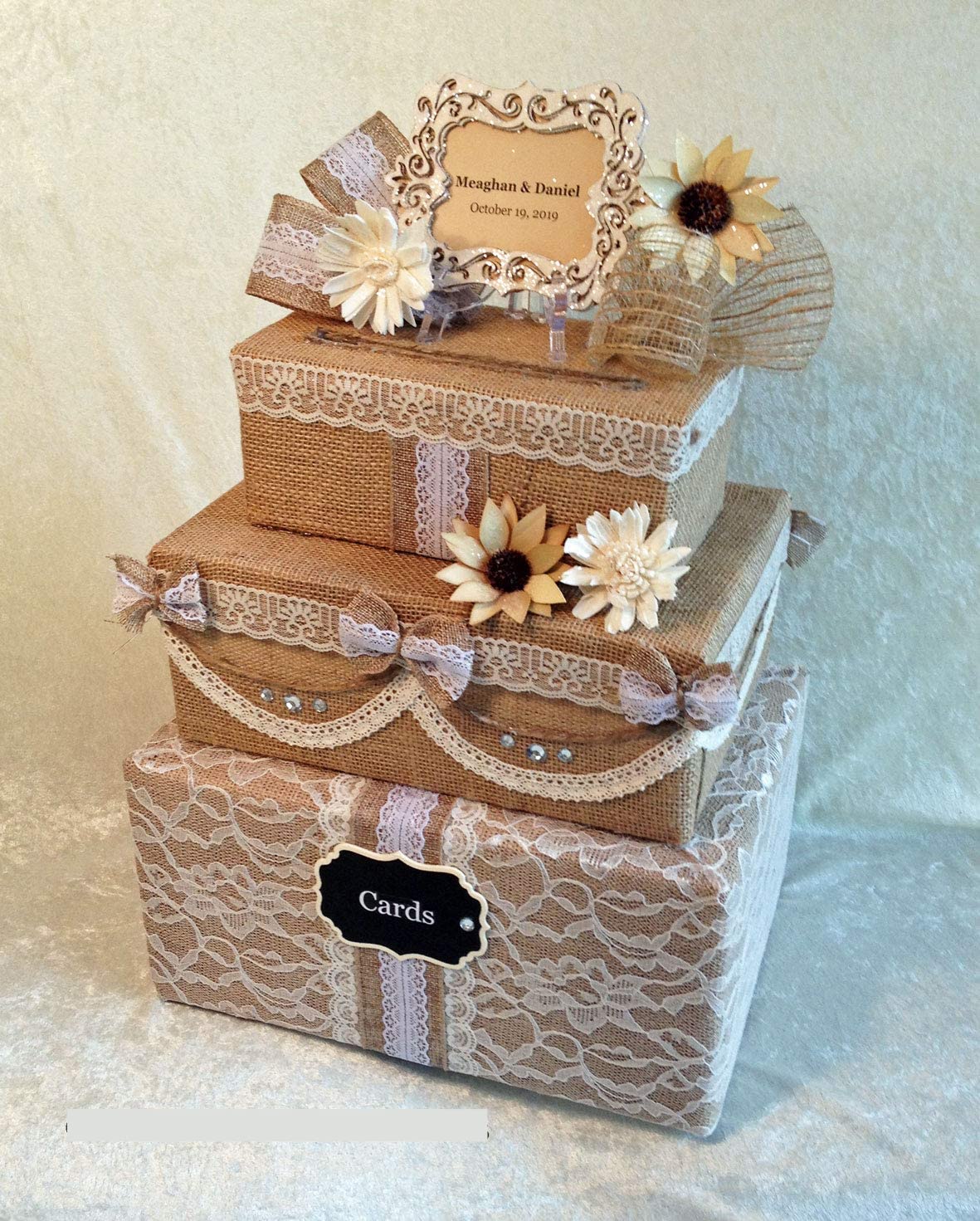 Rustic 3-Tier Wedding Card Box with Sola Wood Flowers, Burlap & Lace - Holds 150 Cards - Perfect for Rustic Weddings, Bridal Showers & Anniversary Celebrations